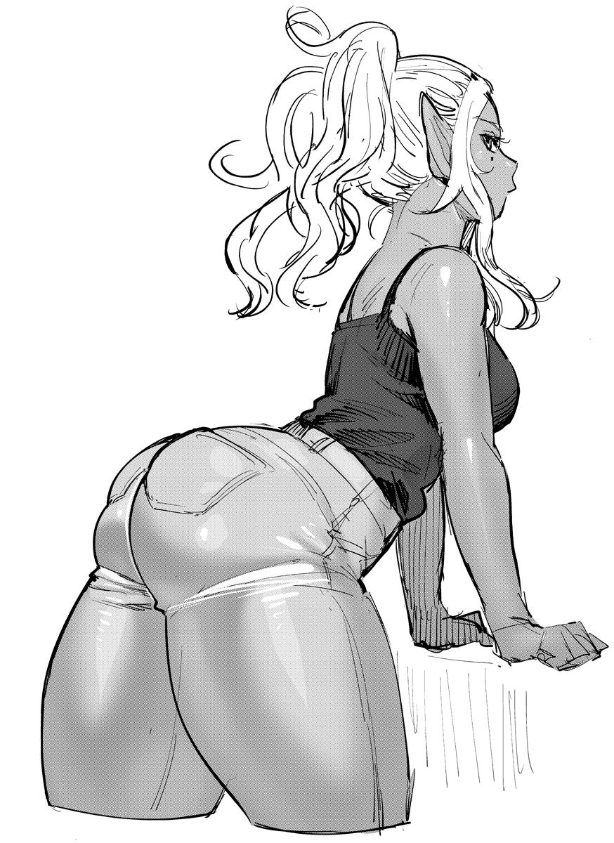 1girls ass beauty_mark bent_over breasts curvy dark-skinned_female dark_elf dark_skin dat_ass elf elf-san_wa_yaserarenai female hot_pants hotpants huge_ass humanoid jeans kuroeda long_hair mole mole_under_eye monochrome pointy_ears ponytail simple_background sketch skin_tight solo synecdoche tank_top thick_thighs thighs tight_jeans tight_pants white_hair wide_hips