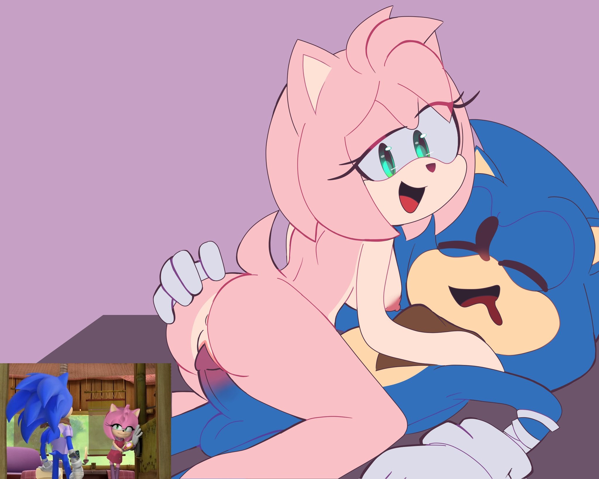 1boy, 1girls, amy rose, amy rose (boom), anthro, anthro on anthro, anus, ass, bandaged arm, blue body, blue fur, breasts, closed eyes, cowgirl position, dani nsfw, female, female on top, green eyes, hand on ass, happy sex, looking back, male, medium breasts, nipples, penis, pink body, pink fur, pleasured female, pussy, scarf, sex, sideboob, sonic (boom), sonic (series), sonic boom, sonic the hedgehog, sonic the hedgehog (series), tail, vaginal penetration, vaginal sex, wholesome sex