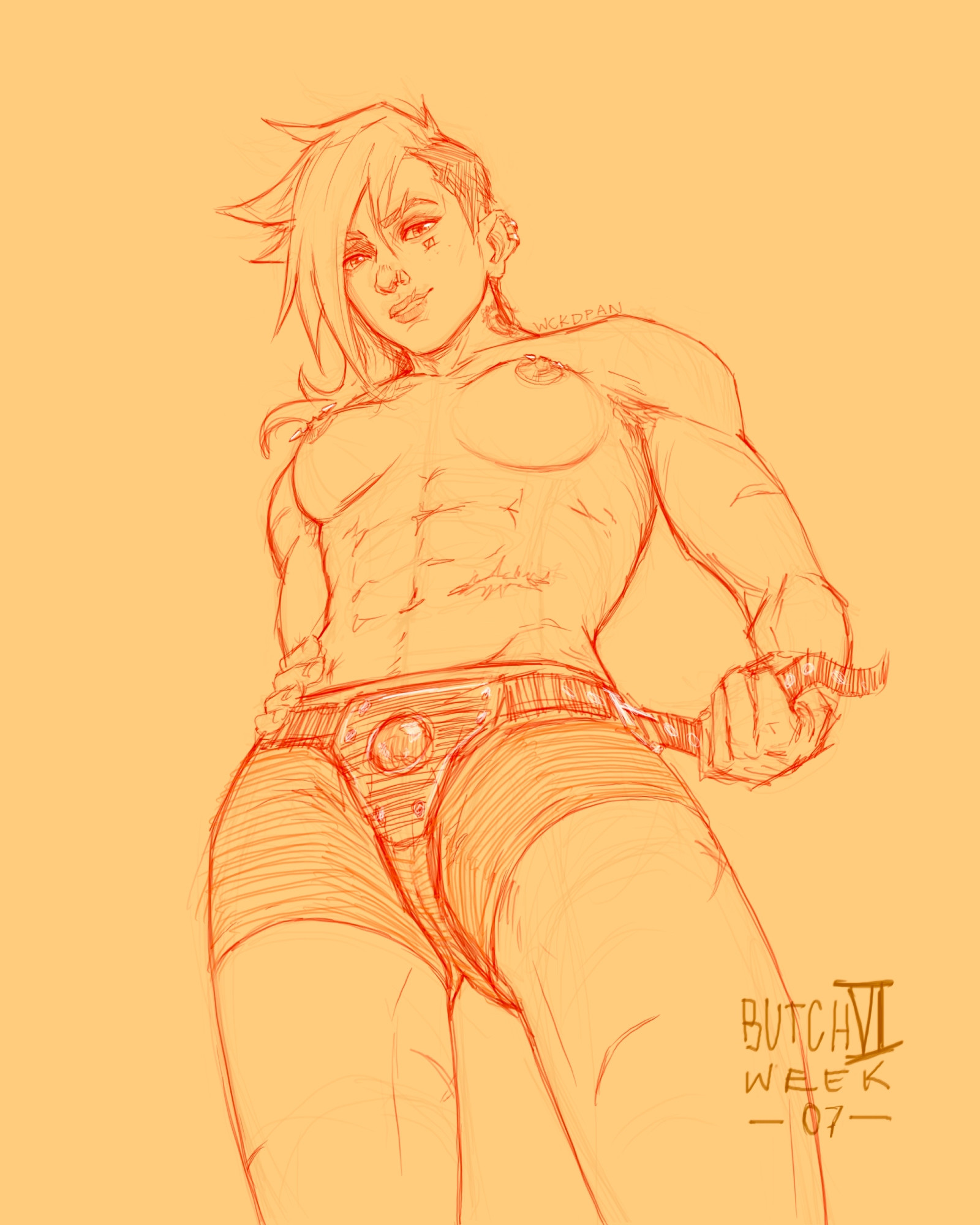 arcane, arcane vi, breasts, female, large breasts, league of legends, muscular, shirtless, smile, solo, strap-on, strapon, vi, wickedpan