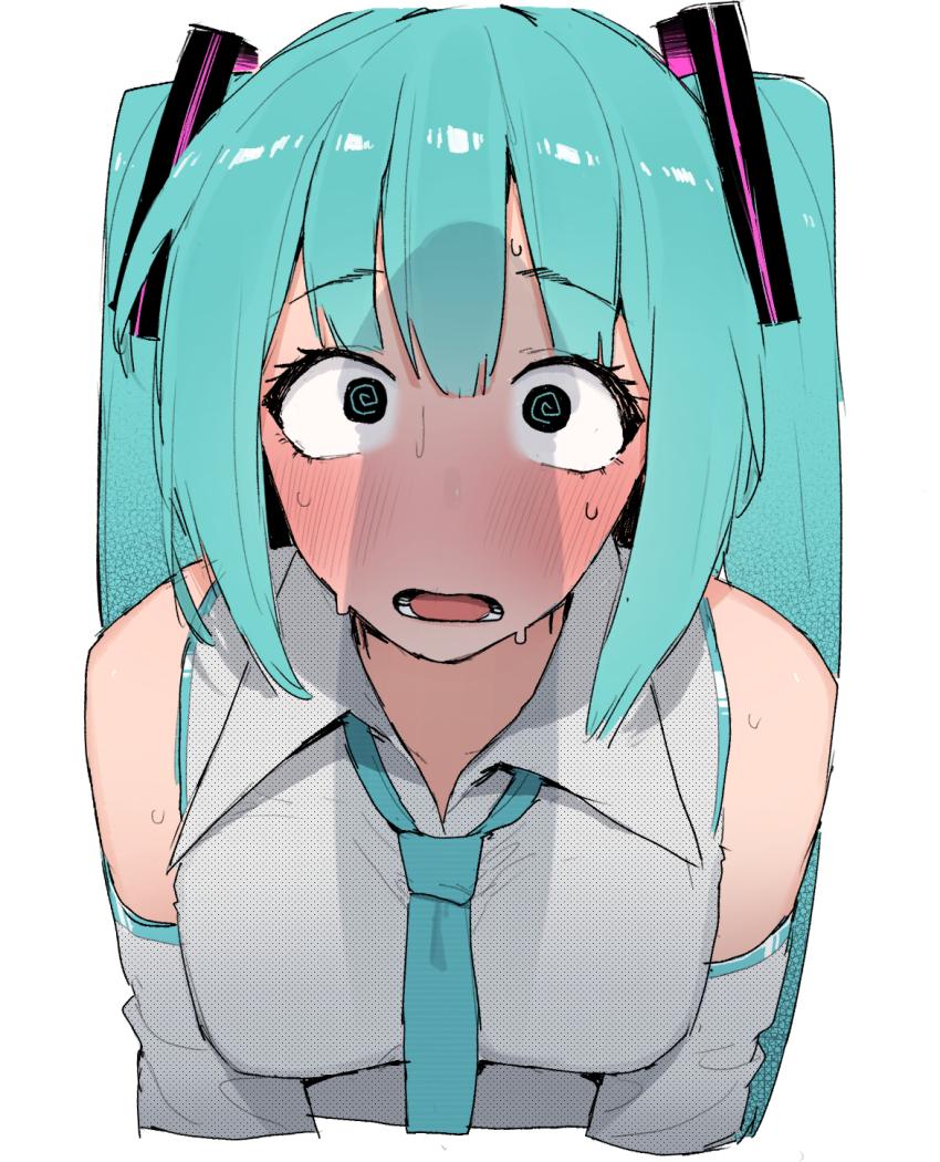 1boy, 1girl, amazed, aqua eyes, aqua hair, bare shoulders, blue hair, blush, breasts, detached sleeves, dizzy eyes, giant penis, hatsune miku, hetero, long hair, looking at viewer, male, necktie, open mouth, penis, penis awe, simple background, solo focus, staring at penis, sweat, twintails, upper body, white background, wide-eyed