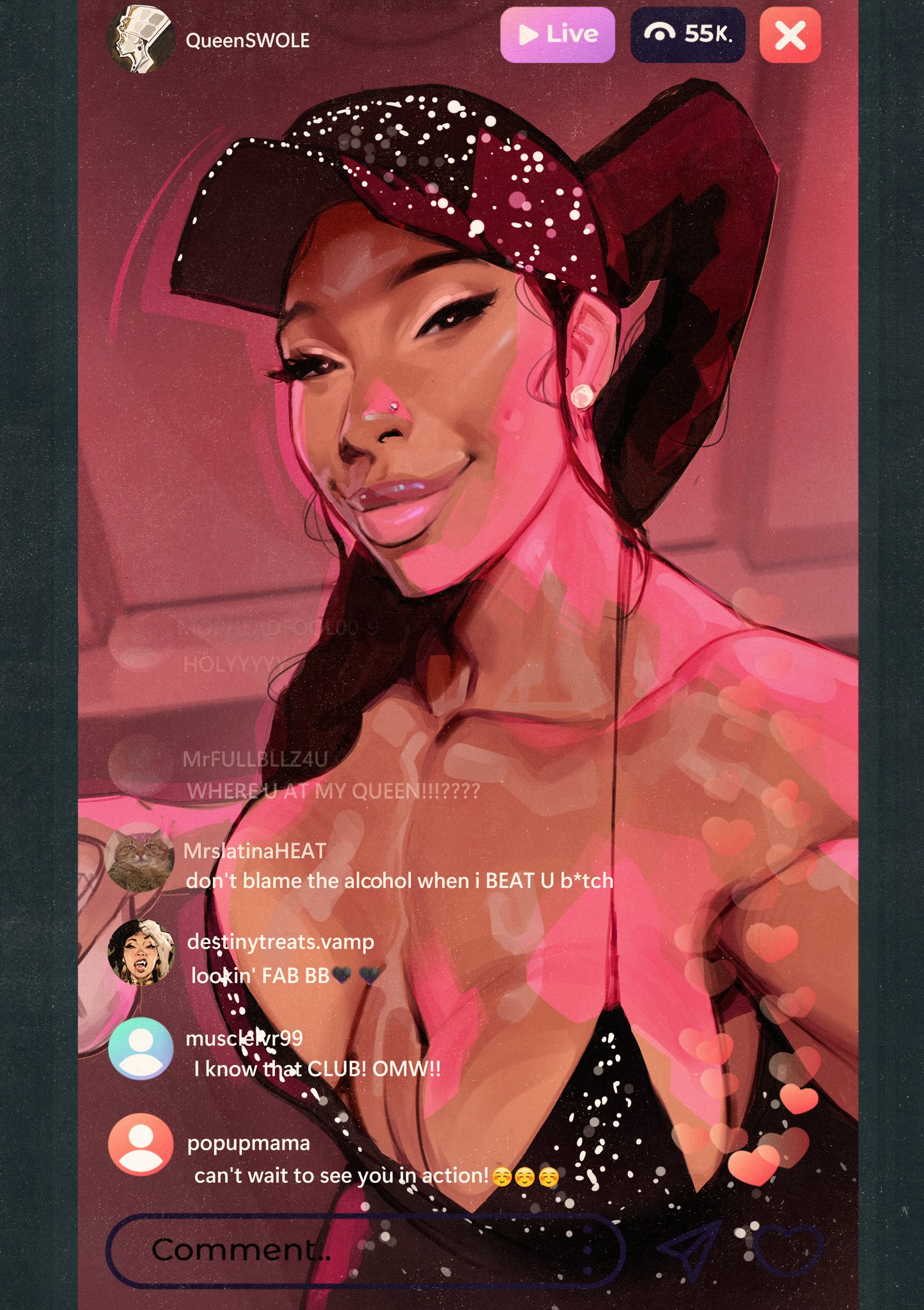 1girls, baby hairs, baseball cap, big ass, big breasts, big thighs, black female, black woman, breasts, brown body, brown skin, brown-skinned female, bust, busty, chat, chest, comments, curvaceous, curvy, curvy figure, dark skin, dark-skinned female, digital media (artwork), female, female focus, female only, hair strand, heart-shaped pupils, hips, hourglass figure, huge ass, huge breasts, huge thighs, large ass, large breasts, large thighs, legs, livestream, looking at viewer, magicmoonsarts, mature, mature female, nefertari jones, ponytail, pretty girl, slim waist, social media, sparkles, sparkling clothing, strands, thick, thick hips, thick legs, thick thighs, thighs, voluptuous, waist, wide hips, wide thighs, woman, woman only, woman solo