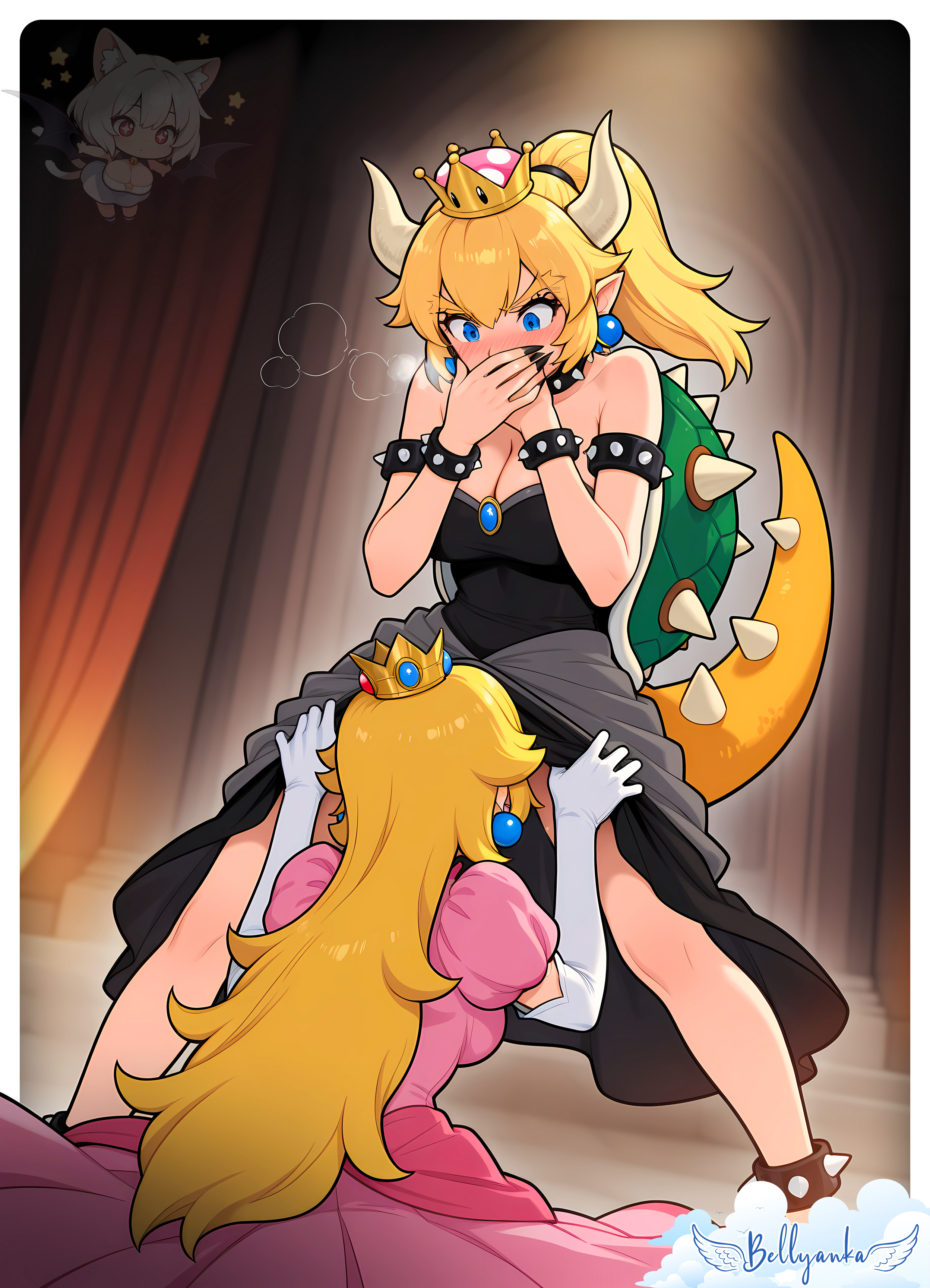 2025, 2girls, ai generated, bellyanka, blonde female, blonde hair, blush, bowsette, breasts, clothing, cunnilingus, deviantart, dress, female, female only, female/female, hands on mouth, large breasts, licking another's vagina, licking vagina, mario (series), multiple females, multiple girls, nintendo, oral sex, princess, princess peach, pussy, royalty, small breasts, spread legs, super mario bros., unknown place, yuri