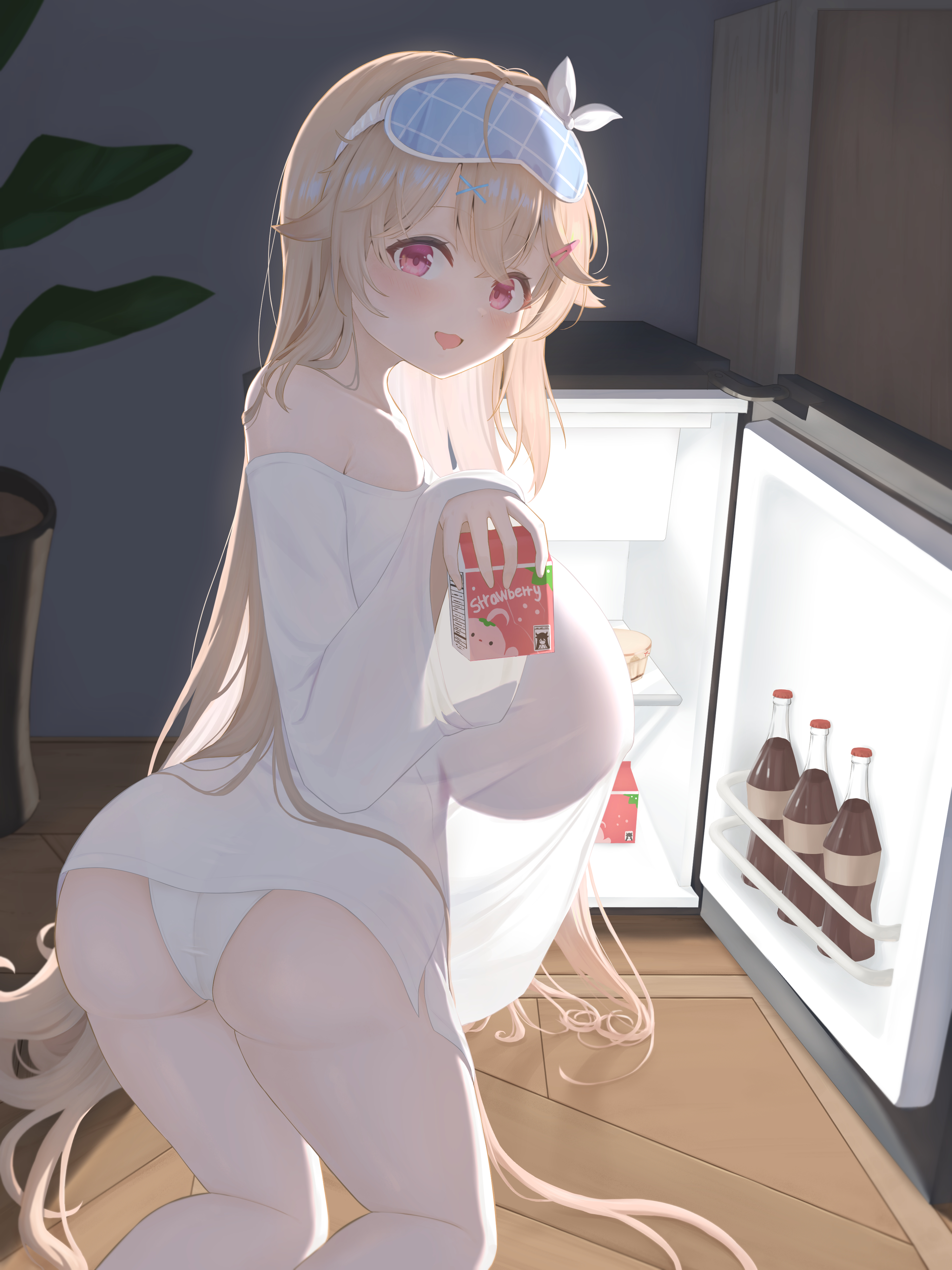 anchorage (azur lane), anchorage (sweet evening milk) (azur lane), ass, azur lane, bare shoulders, blonde hair, blush, bottle, breasts, can, cg, drink, energy drink, female, from behind, hair ornament, hair ribbon, hairband, hairclip, holding, holding can, huge breasts, indoors, kneeling, long hair, long sleeves, looking at viewer, looking back, mask, mask on head, milk, milk carton, no pants, off shoulder, open mouth, panties, plant, red eyes, refrigerator, see-through, see-through silhouette, shirt, sleep mask, sleeves past wrists, smile, solo, underwear, very long hair, white panties, white shirt, wooden floor