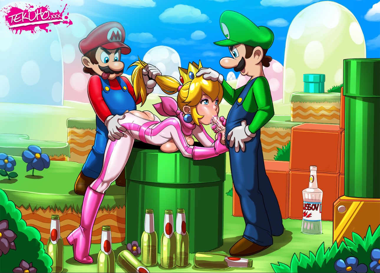1girls, 2boys, alcohol, artist name, ass grab, beer, beer bottle, biker clothes, blonde hair, blowjob, blue eyes, blue overalls, brown hair, clothing, crown, doggy style, ear piercing, erection, facial hair, fellatio, female, flowers, genitals, gloves, grass, green hat, green pipe, green shirt, hand on head, hat, height difference, high heel boots, light skin, light-skinned female, light-skinned male, looking at another, looking down, looking down at another, looking up, looking up at another, luigi, male, male/female, mario, mario (series), mario kart, mature, mature female, mature male, mmf threesome, moustache, nintendo, oral, oral sex, outdoors, overalls, penis, penis in mouth, penis in pussy, pipes, princess, princess peach, princess peach (aero), pussy, red hat, red shirt, royalty, sex, shirt, shorter male, standing, straight, straight sex, taller female, taller male, tekuho, threesome, white gloves