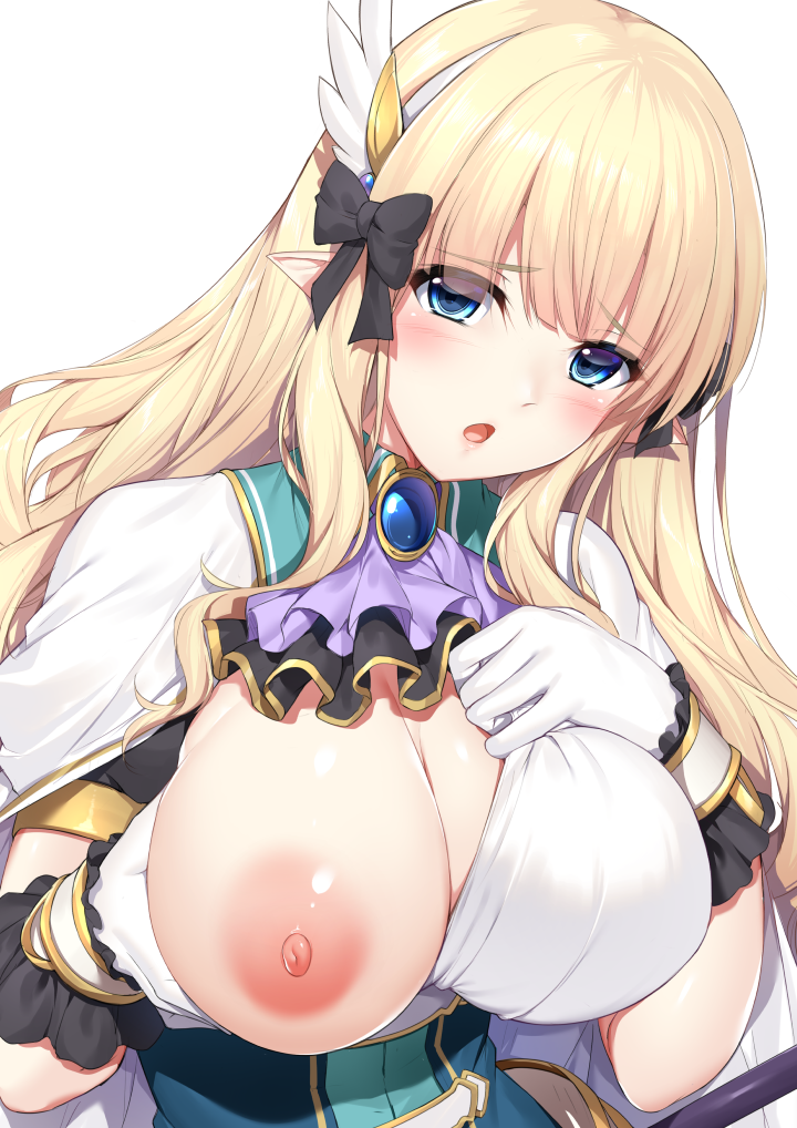 bangs black_bow blonde_hair blue_eyes blush bow breasts cleavage commentary_request elf eyebrows_visible_through_hair female gloves hairbow large_breasts long_hair looking_at_viewer minamon_(vittel221) nipples one_breast_out open_mouth pointy_ears princess_connect! princess_connect!_re:dive saren_(princess_connect!) short_sleeves simple_background solo upper_body white_background white_gloves