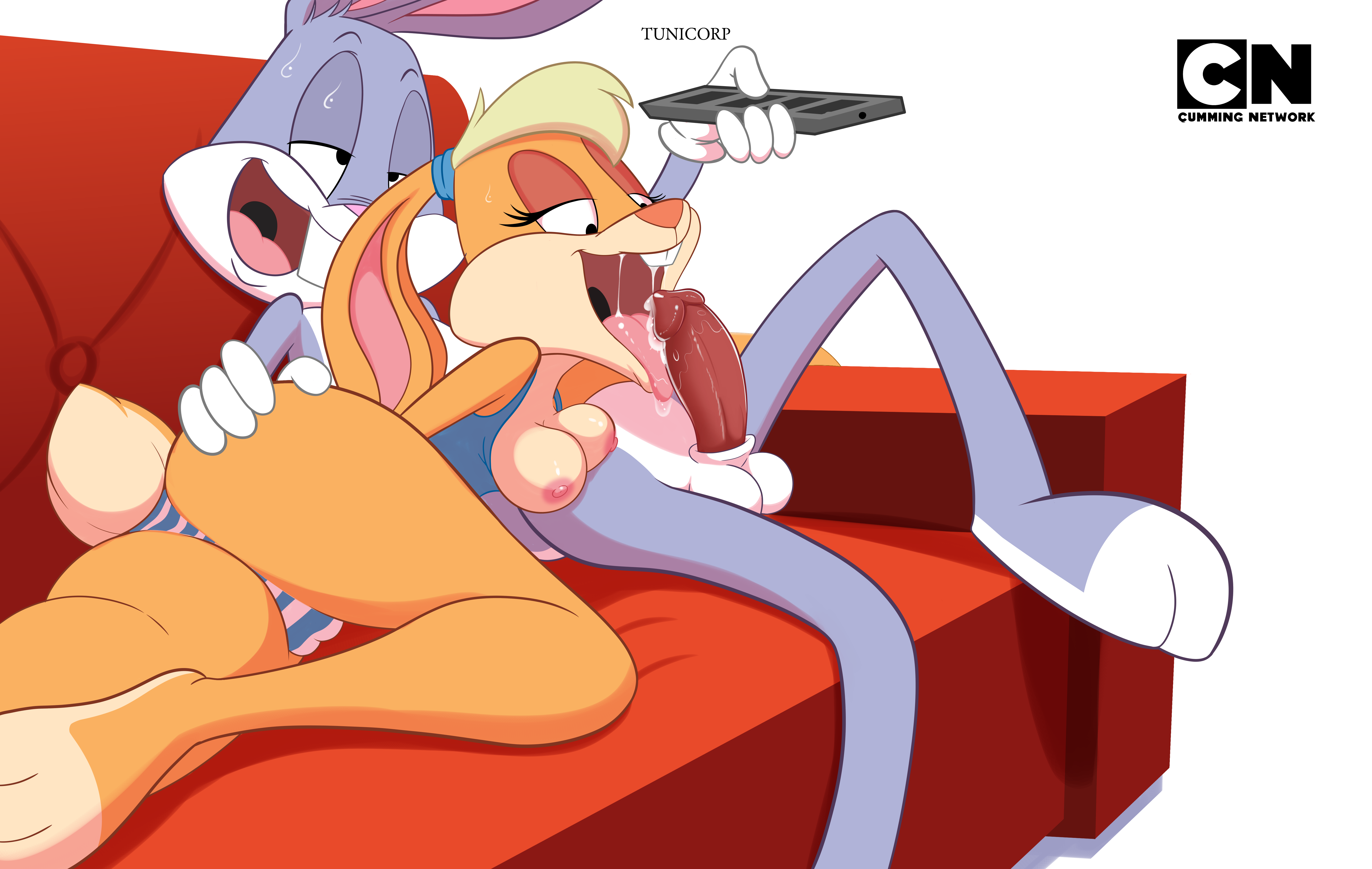 breasts, breasts out, bugs bunny, cartoon network, cum, female, hi res, lola bunny, looney tunes, nipples, oral, the looney tunes show, tits, tunicorp, warner brothers