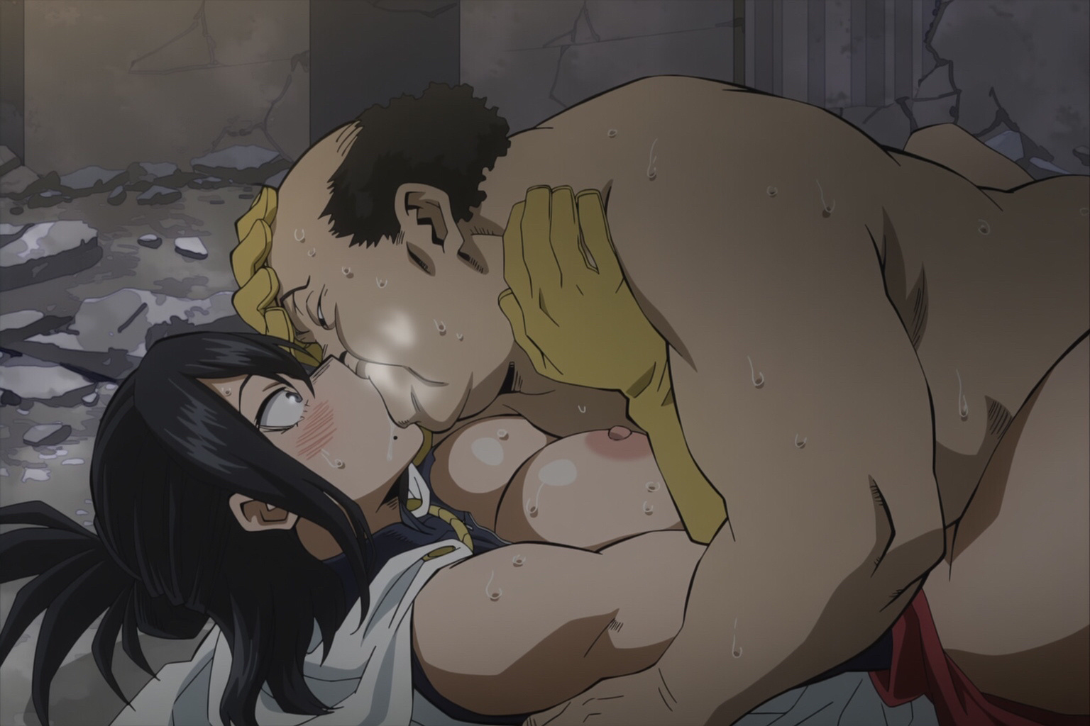 1boy, 1girls, ai generated, aibooby, black hair, blush, boku no hero academia, fat male, fat man, female, kissing, male, milf, muscular, muscular female, my hero academia, nana shimura, steam, steamy breath, sweat, tongue kiss, ugly bastard, ugly man