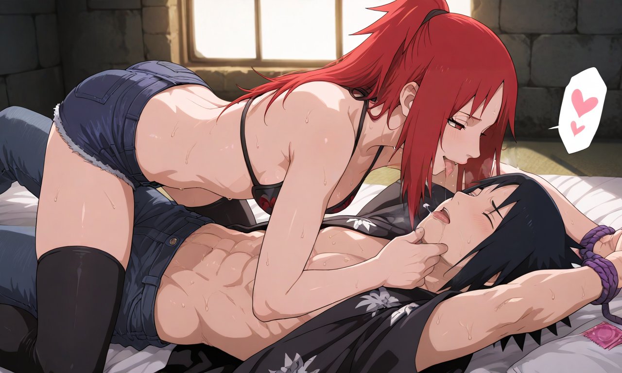1boy, 1girls, abs, ai generated, bed, bedroom, bikini, bikini top, black eyes, black hair, blush, blushing, bondage, closed eyes, condom, condom packet strip, condom wrapper, condoms, crouched, crouching, crouching female, denim, denim shorts, dominant female, drool, drool on face, drool string, drooling, drooling on partner, drooling tongue, evil grin, evil smile, female, female on top, femdom, finger on chin, forced, forced sex, french kiss, french kissing, hand on chin, hand tied, hands above head, hands tied, hawaiian shirt, high ponytail, imminent rape, imminent sex, jean shorts, jeans, kiss, kissing, legs apart, light bondage, light skin, light-skinned female, light-skinned male, male, muscles, muscular, muscular male, narrowed eyes, naruto, naruto (series), naruto shippuden, nervous, nervous sweat, on all fours, on back, on bed, on knees, open clothes, open mouth, open shirt, parted lips, partially clothed, partially nude, ponytail, red eyes, red hair, restrained, restrained arms, restrained male, restrained wrists, restraints, rope, rope bondage, rope harness, saliva, saliva drip, saliva string, saliva swap, saliva trail, sasuke uchiha, seducing, seductive, seductive eyes, seductive look, seductive mouth, seductive pose, seductive smile, sex, sexy pose, shirt, shirt open, shy, smirk, smirking, smirking at partner, spitting, spitting in mouth, straddle, straddling, straight, sweat, sweating, sweaty, sweaty body, thighhighs, tied, tied arms, tied hair, tied hands, tied to bed, tied up, tongue, tongue out, uchiha sasuke, unbuttoned, unbuttoned shirt, uzumaki karin, wet, wet body