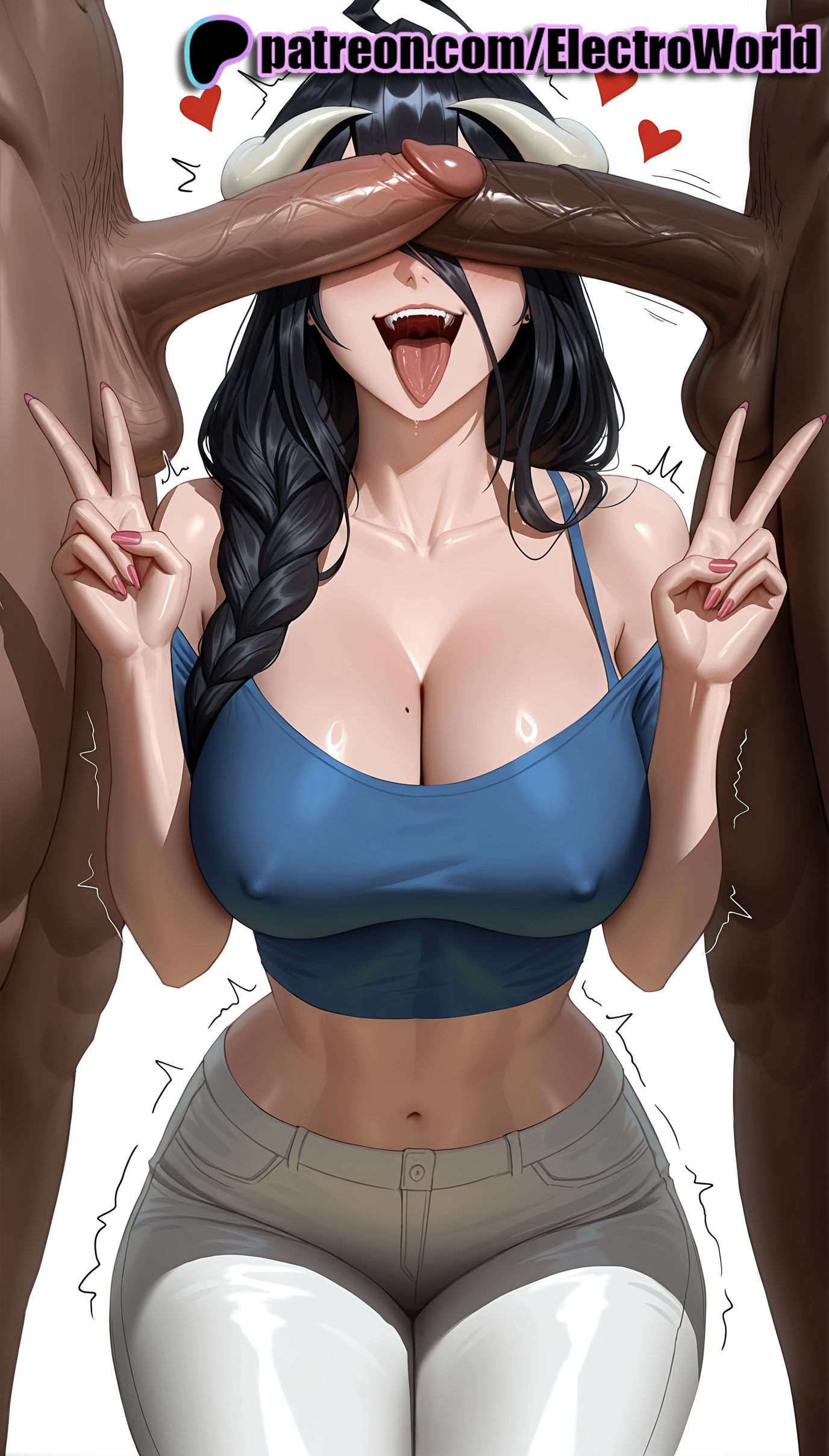 1girls, 2025, 2boys, ai generated, albedo (overlord), aqua nails, artist name, balls, black nails, blue nails, breasts, brown nails, bust, chest, cleavage, clothed female nude male, cock, covered nipples, cum, dark skin, dark-skinned male, dick, electroworld, fat man, female, fingernails, green nails, head out of frame, hi res, high quality, high resolution, highres, interracial, large penis, long fingernails, long hair, male, mole, mole on breast, motion lines, multicolored nails, multiple boys, multiple males, nail art, nail polish, navel, netorare, nude, open mouth, orange nails, overlord (maruyama), patreon, patreon username, penis, pink nails, precum, purple nails, red nails, shorts, solo focus, stable diffusion, straight, testicles, toenail polish, tongue, tongue out, trembling, twitching penis, v, watermark, yellow nails
