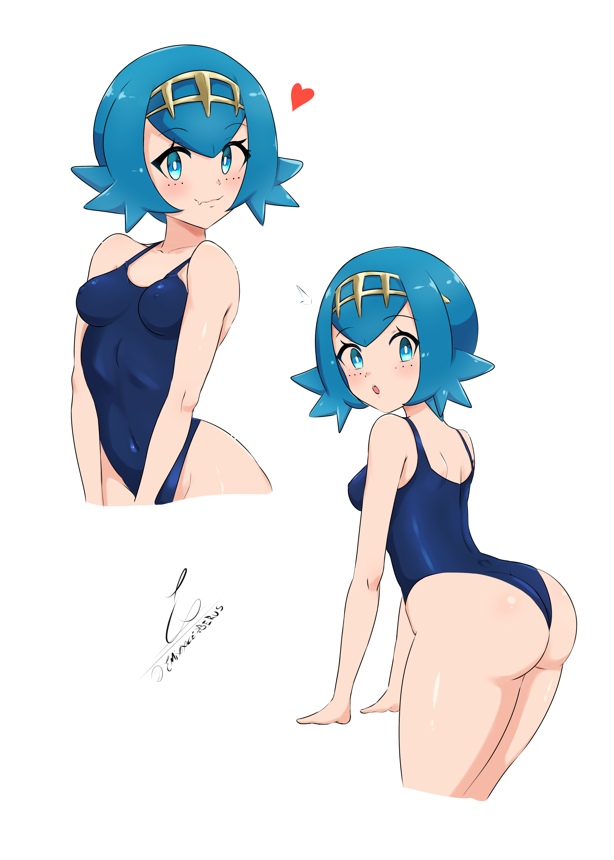 1girls, alternate version available, ass, big ass, blue eyes, blue hair, blue one-piece swimsuit, blue swimsuit, blush, breasts, emixxcerberus, female, female only, game freak, hair, heart, high resolution, highres, huge ass, lana (pokemon), looking back, nintendo, one-piece swimsuit, pokemon, pokemon sm, short blue hair, short hair, sideboob, small breasts, smile, solo, solo female, swimsuit, swimwear, thighs, trial captain