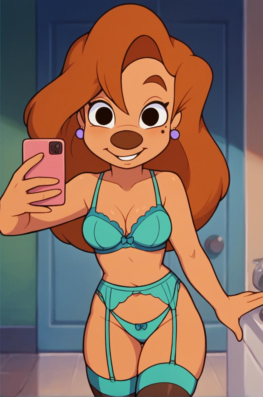 ai_generated black_eyes bow bow_panties bra breasts cellphone cleavage earrings female garter_belt goof_troop green_bra green_panties jewelry lingerie long_hair medium_breasts mirror navel open_mouth orange_hair panties phone roxanne_(goof_troop) self_shot smartphone smile solo thighhighs underwear underwear_only