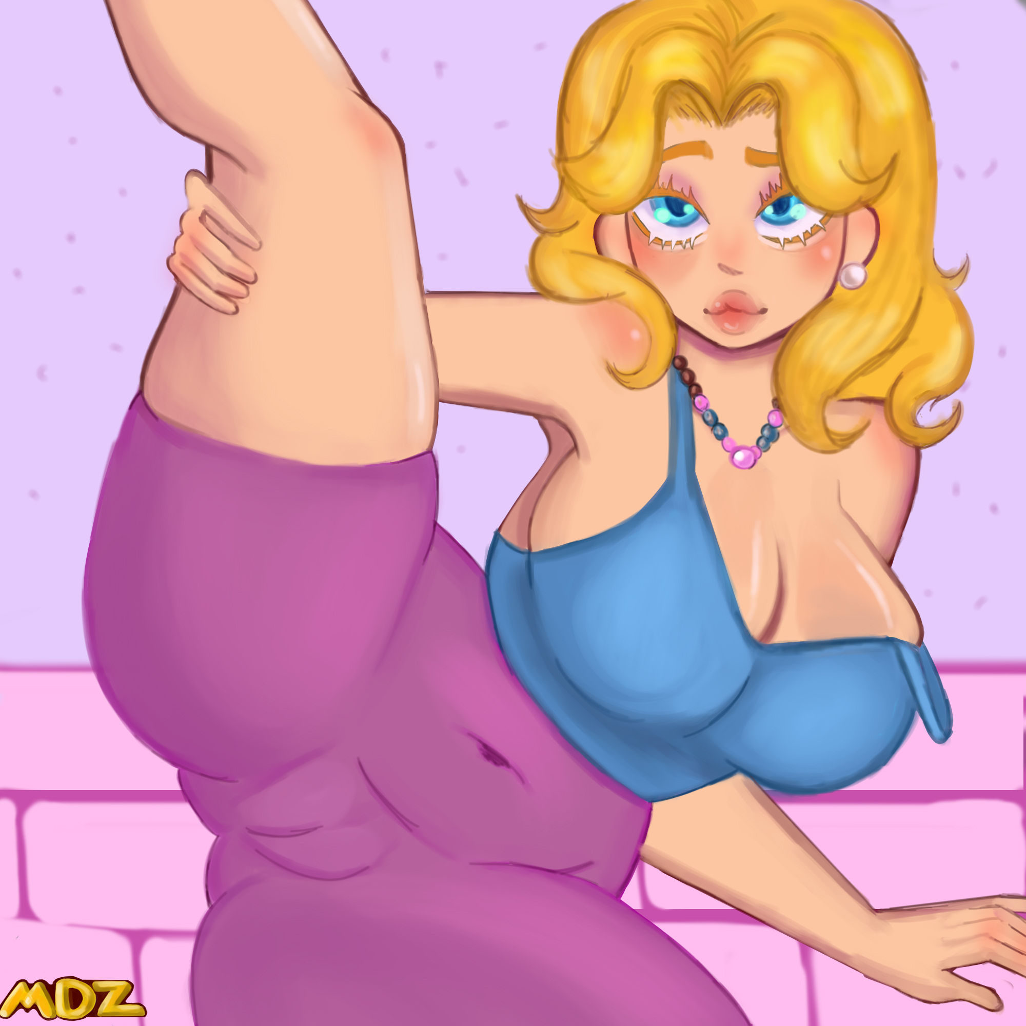 ass, big ass, big breasts, blonde female, blonde hair, breasts, cleavage, earrings, female, female focus, haley (stardew valley), leggings, necklace, pussy, solo, solo female, stardew valley, stretching, yoga pants