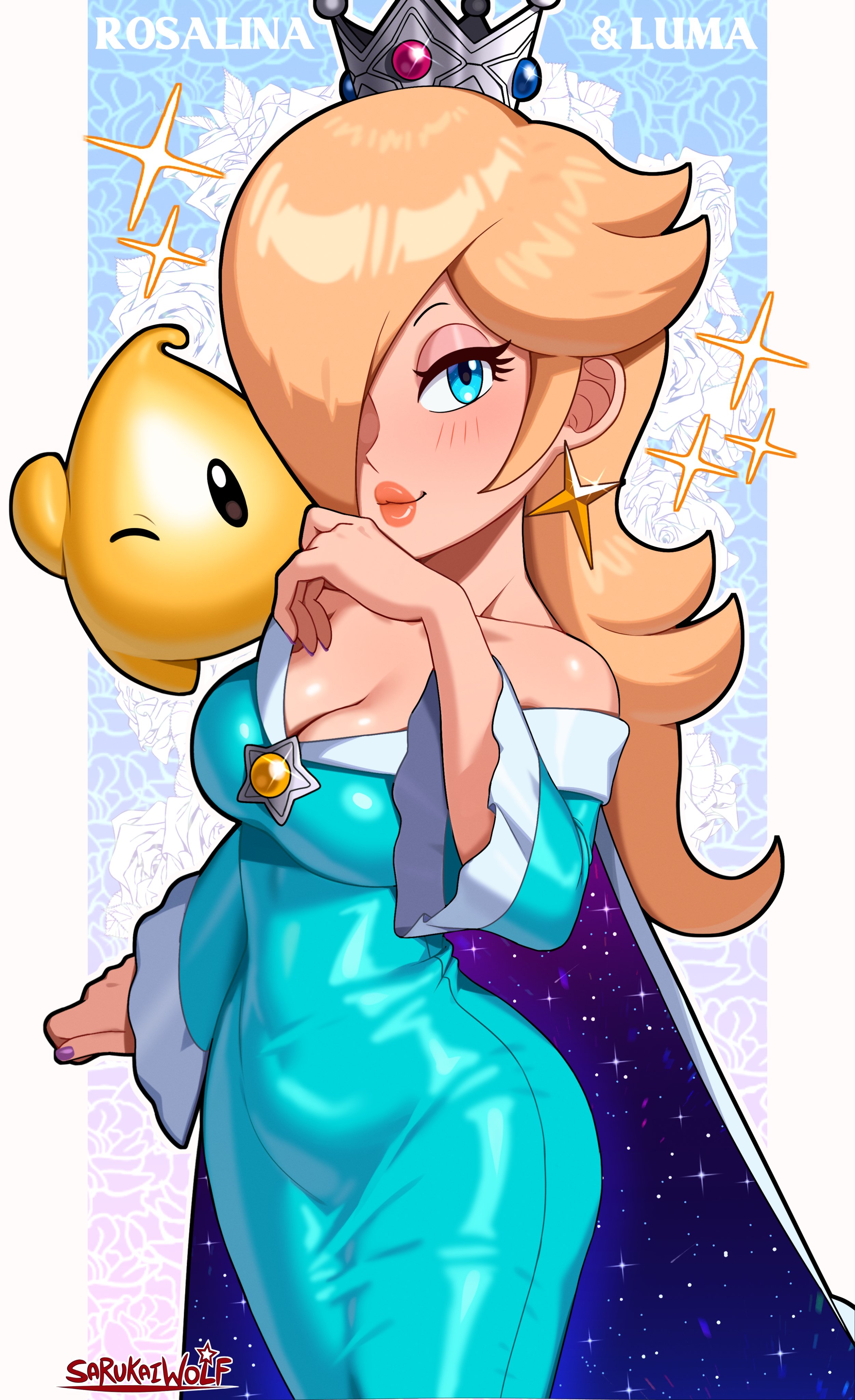 1girls, absurdres, alternate breast size, bimbo, blonde hair, blue eyes, blush, breasts, brooch, cape, cleavage, closed mouth, crown, dress, earrings, female, female only, galaxy, hair over one eye, highres, jewelry, large breasts, long hair, long sleeves, looking at viewer, luma, mario (series), mini crown, nintendo, off shoulder, off-shoulder dress, one eye closed, princess rosalina, sarukaiwolf, silver crown, smile, solo, star (symbol), star brooch, star earrings, super mario galaxy