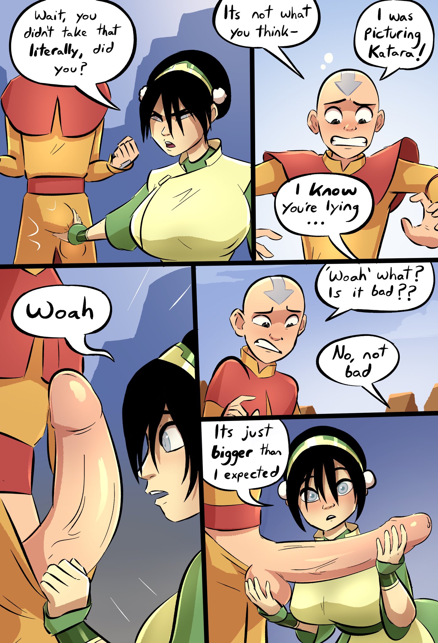 1boy, 1girls, aang, air nomad, airbender tattoo, alternate breast size, ass, avatar legends, avatar the last airbender, balls, big balls, big breasts, big penis, blush, breasts, caiman2, clothed, clothing, comic, curvaceous, curvy, detailed background, dialogue, earth kingdom, emmabrave, english text, erect penis, erection, female, huge ass, huge breasts, huge cock, imminent sex, large breasts, light skin, light-skinned male, male, nickelodeon, penis, penis awe, speech bubble, straight, text, the avatar, thick, thick penis, toph bei fong, veiny penis