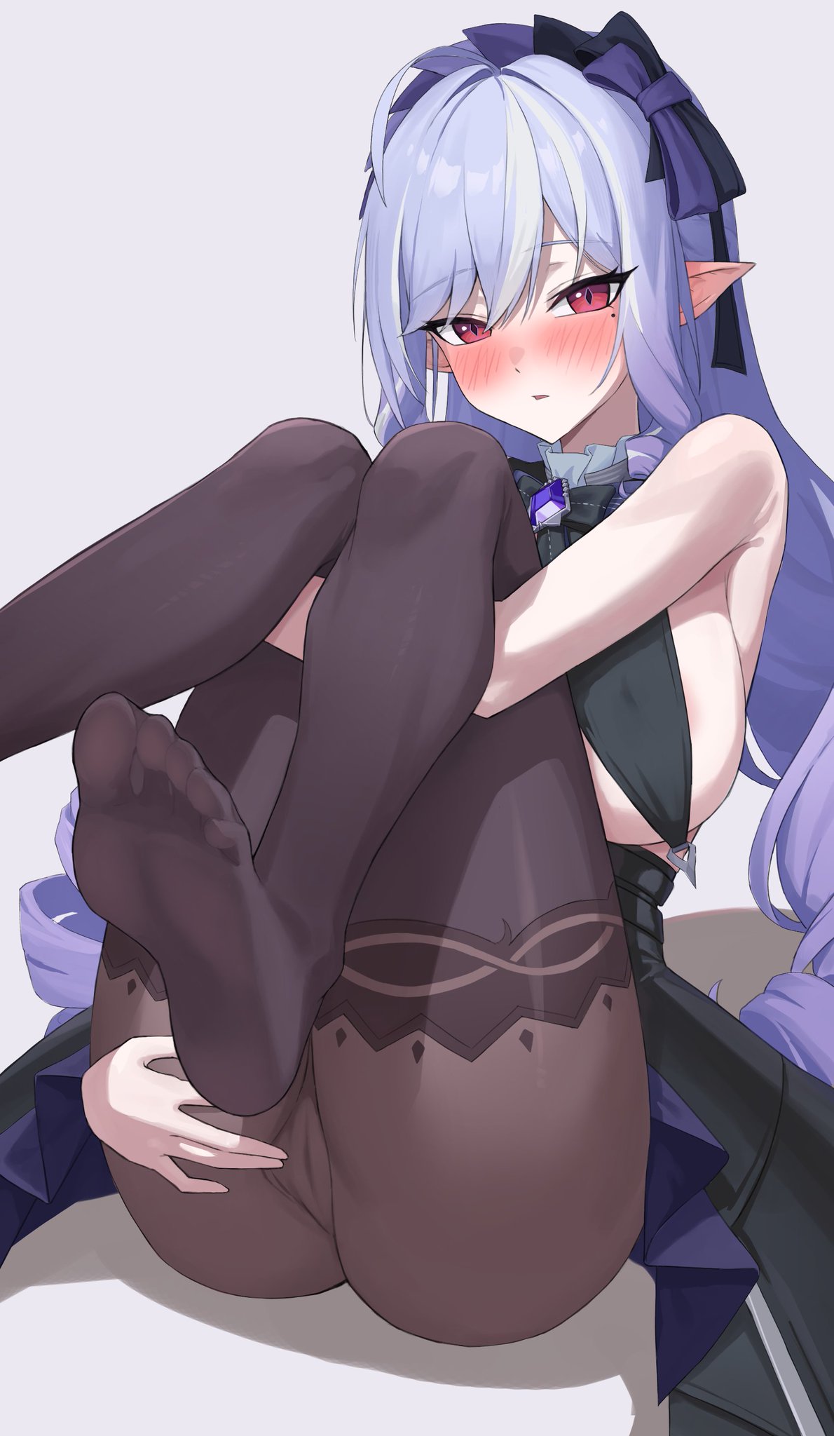 1girls, big breasts, blush, blushing, breasts, busty, cameltoe, feet, female, female only, fukasa259742, hoyoverse, large breasts, light skin, light-skinned female, mihoyo, pantyhose, partially clothed, purple hair, pussy, red eyes, vivian (zenless zone zero), vivian banshee, zenless zone zero