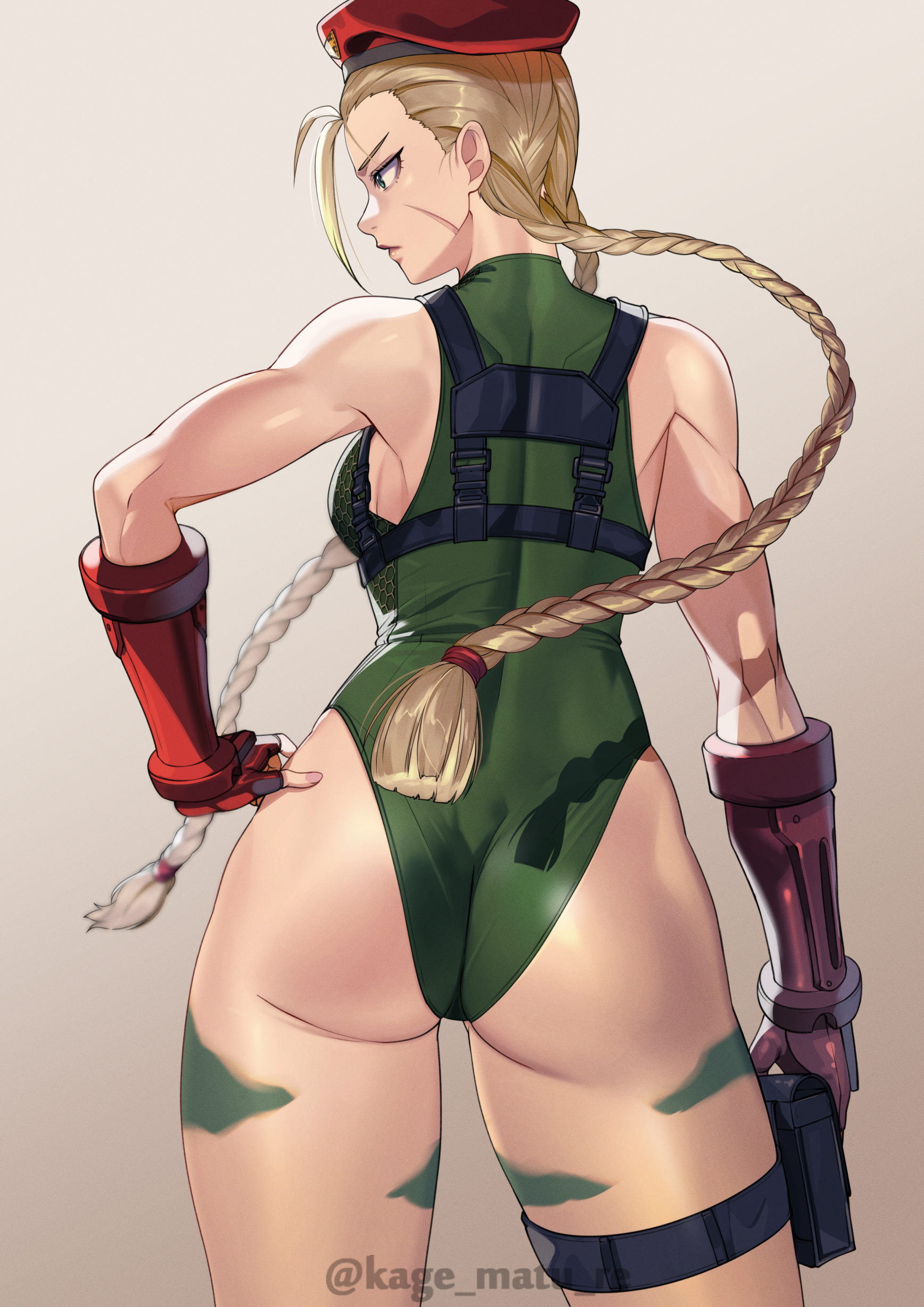 1girls, absurdres, ass, backboob, beret, blonde hair, blue eyes, bodypaint, braid, breasts, cammy white, chest harness, commentary, curvy, female, female only, from behind, green leotard, hand on own hip, harness, hat, highres, huge ass, kagematsuri, lar, leotard, long hair, low twin braids, medium breasts, pouch, red hat, scar, scar on face, shiny skin, solo, street fighter, thigh pouch, thong leotard, twin braids, twitter username, wide hips