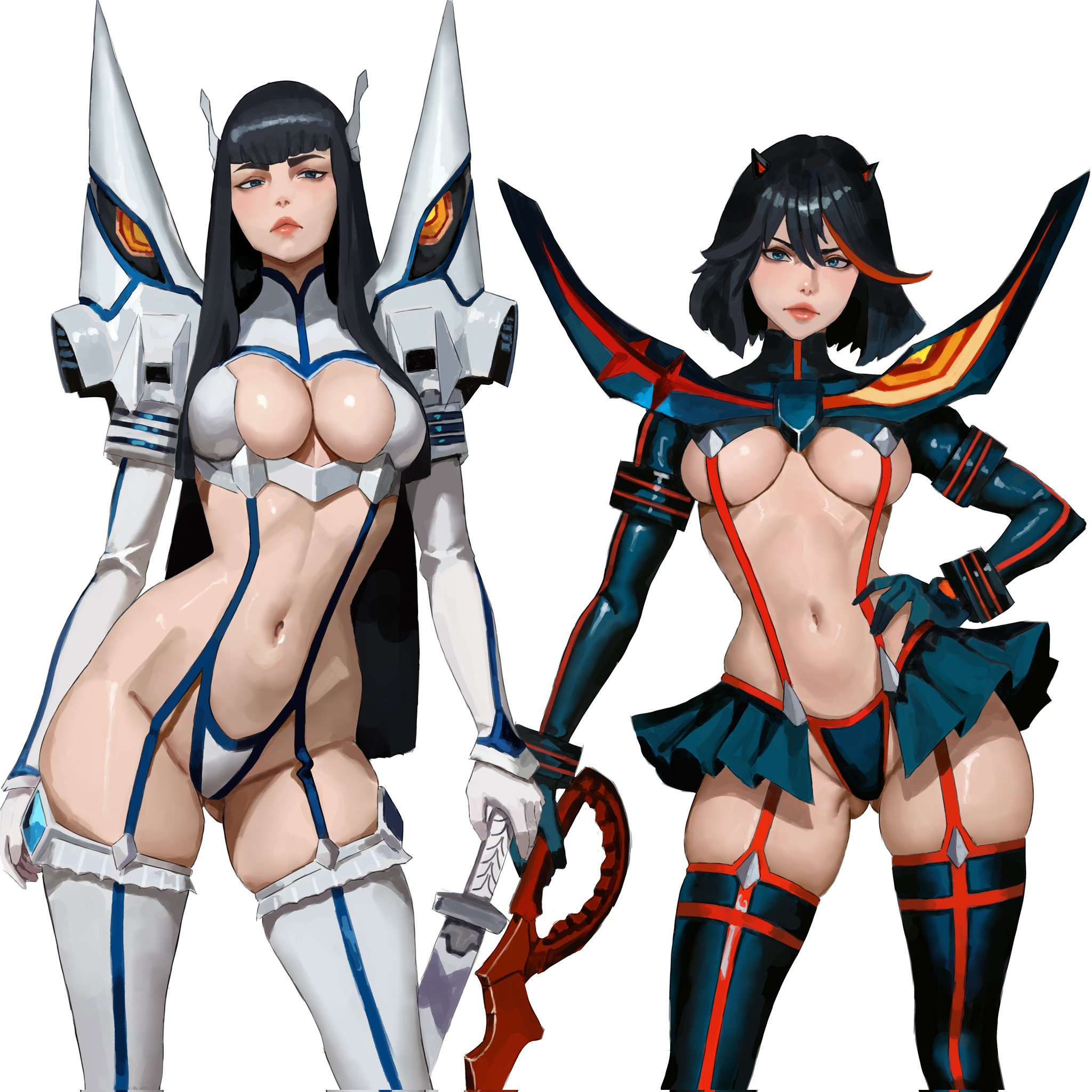 2girls, akinoshi, ass, big ass, big breasts, big thighs, black hair, black-haired female, breasts, bust, busty, chest, cleavage, curvaceous, curvy, curvy figure, digital media (artwork), female, female only, gloves, hips, hourglass figure, huge ass, huge breasts, huge thighs, junketsu, kill la kill, kiryuuin satsuki, large ass, large breasts, large thighs, legs, light skin, light-skinned female, matoi ryuuko, multiple females, multiple girls, revealing clothes, senketsu, showgirl skirt, simple background, sisters, skimpy clothes, skindentation, slim waist, stockings, thick, thick hips, thick legs, thick thighs, thighhighs, thighs, voluptuous, waist, white background, wide hips