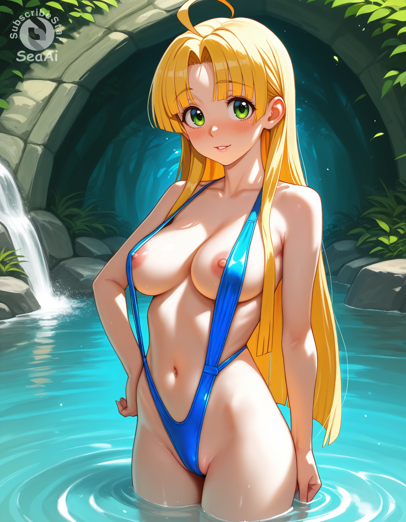 1girls, ai generated, asia argento, blush, breasts, breasts out, cowboy shot, curvy, curvy female, curvy figure, female, high school dxd, looking at viewer, nipples, parted lips, partially submerged, seacreator, sling bikini, standing, subscribestar, subscribestar logo, subscribestar username, swimsuit, swimsuit aside, water