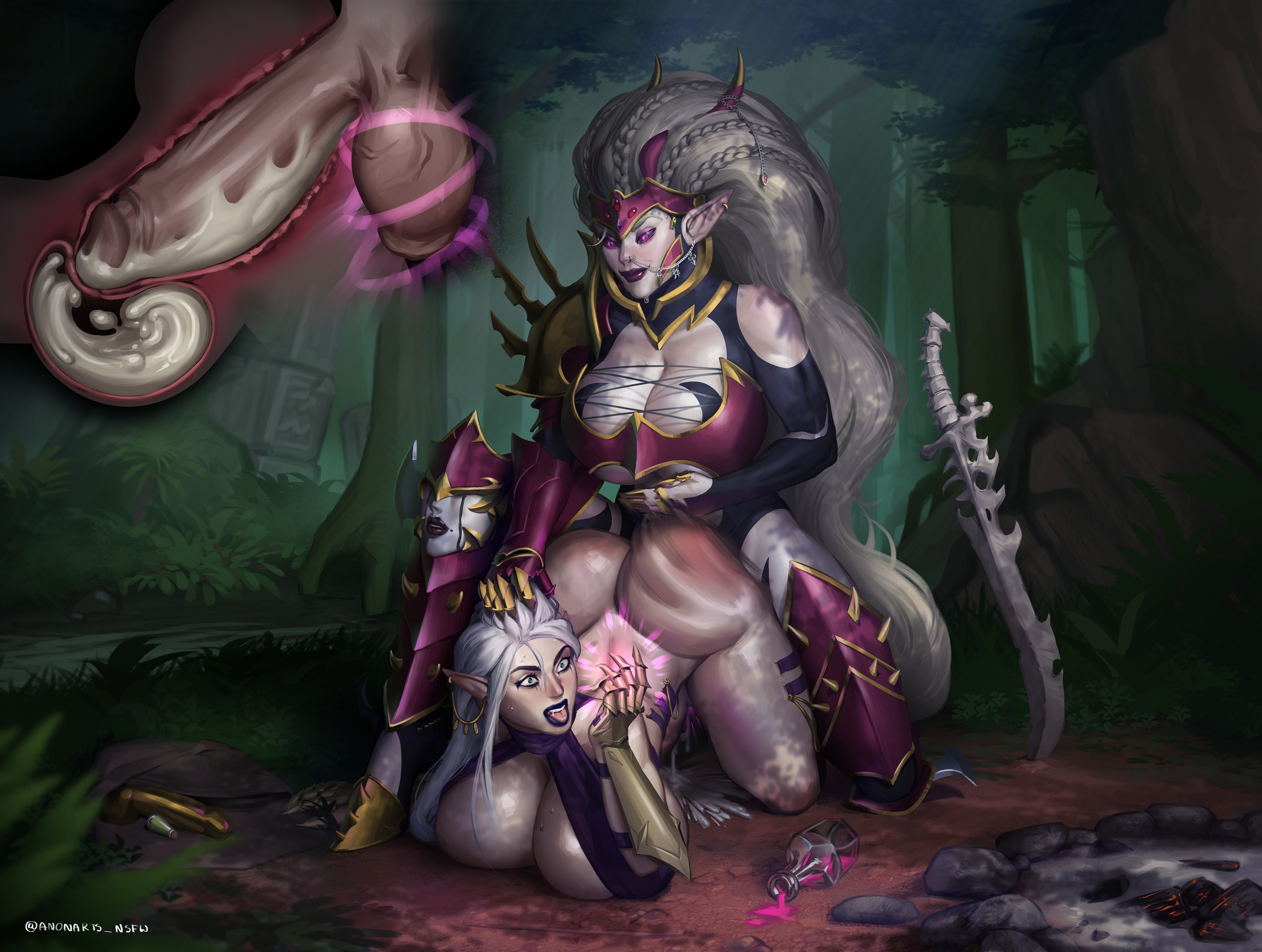 1futa, 1girls, all the way to the base, anonarts, armored boots, armored female, balls, boob window, breasts, breasts bigger than head, cervical contact, cervix kiss, clothing, cock ring, cross section, cum, cum in pussy, cum in uterus, cum inside, cumflation, dark eldar, dark elf, doggy style, domination loss, druchii, drukhari, ear piercing, female, from behind, from behind position, futa on female, futadom, futanari, grabbing hair, huge cock, inflation, internal cumshot, internal view, intersex, magic, open mouth, penetration, penis, potion, potion bottle, pussy, sex, spanking, spread legs, squeezing balls, uterus, vaginal penetration, warhammer (franchise), warhammer 40k, warhammer fantasy, white hair, wide eyed