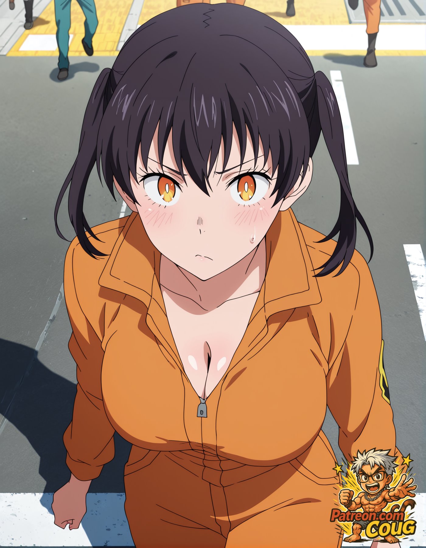 1girls, ai assisted, ai generated, coug, en'en no shouboutai, enen no shouboutai, female, female only, fire force, kotatsu tamaki, orange eyes, road, stable diffusion, tamaki kotatsu, white pupils