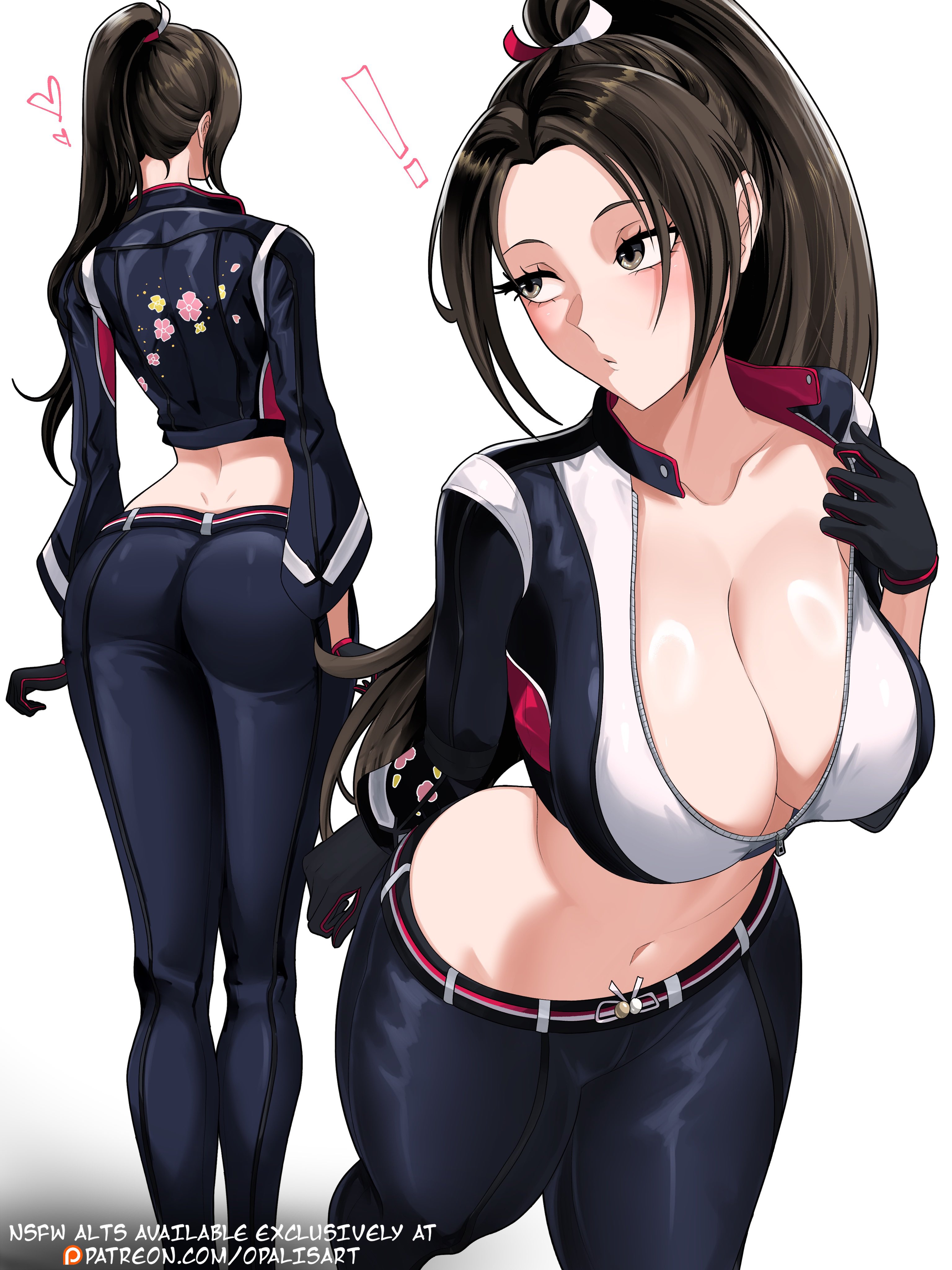 !, 1girls, absurdres, artist name, ass, big breasts, black gloves, black hair, black jacket, black pants, breasts, cleavage, collarbone, crop top, cropped jacket, curious, english text, fatal fury, fatal fury: city of the wolves, female, female focus, female only, gloves, grey eyes, heart, high ponytail, highres, human, human female, human only, jacket, king of fighters, light skin, light-skinned female, mai shiranui, mai shiranui (city of the wolves), midriff, multiple views, navel, official alternate costume, opalis, opalisart, pants, patreon logo, patreon username, ponytail, solo, solo female, stomach, tight clothes, tight pants, twitter link, watermark, web address