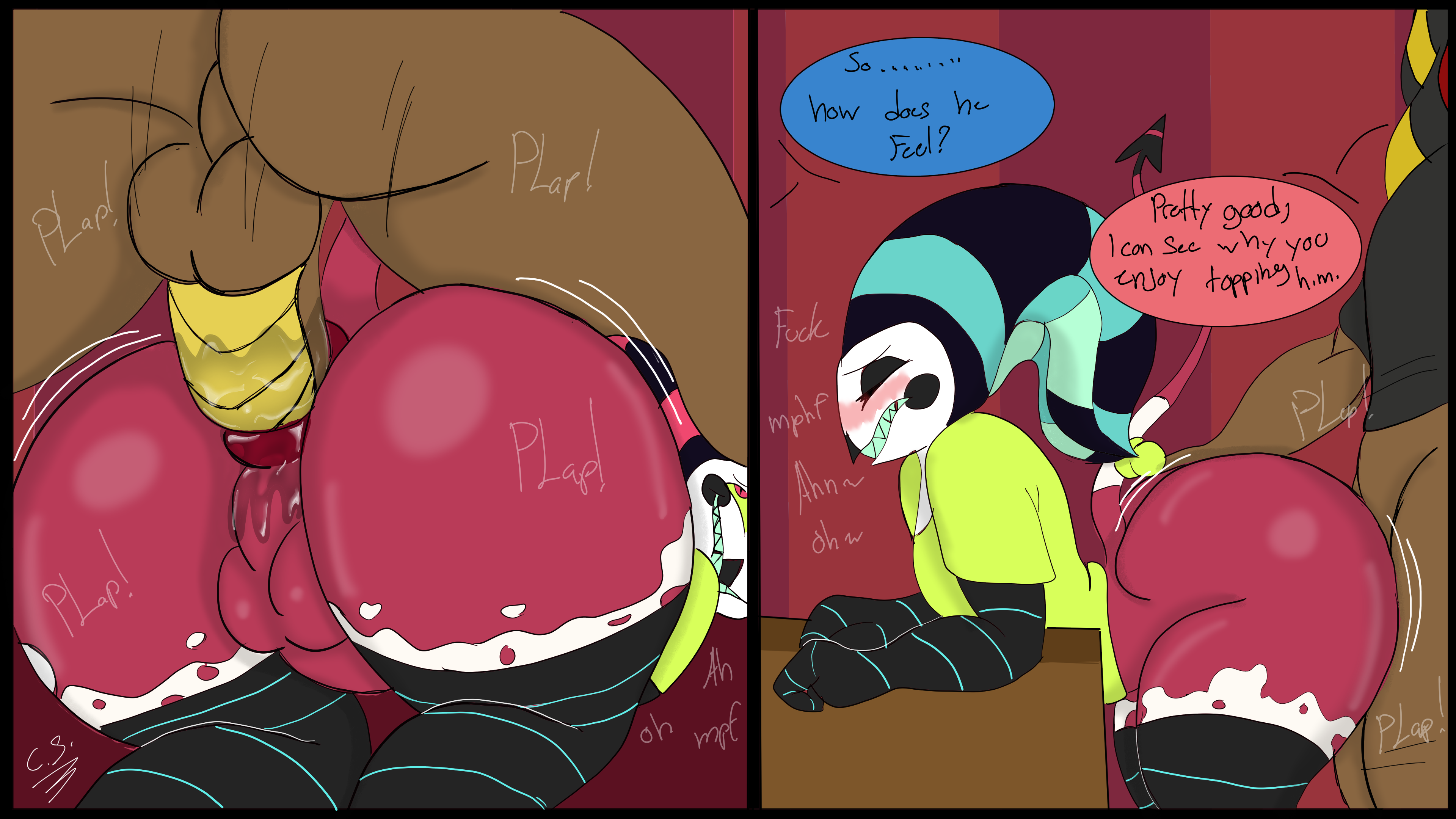2d, 2d (artwork), 2d artwork, anal, anal sex, ass, ass up, big ass, big butt, crimson (crimsonstudios1), crimsonstudios1, cyborg, dark skin, dark-skinned male, digital drawing (artwork), doggy style, enjoying, face down ass up, femboy, fizzarolli (helluva boss), from behind, from behind position, girly, helluva boss, imp, male, male only