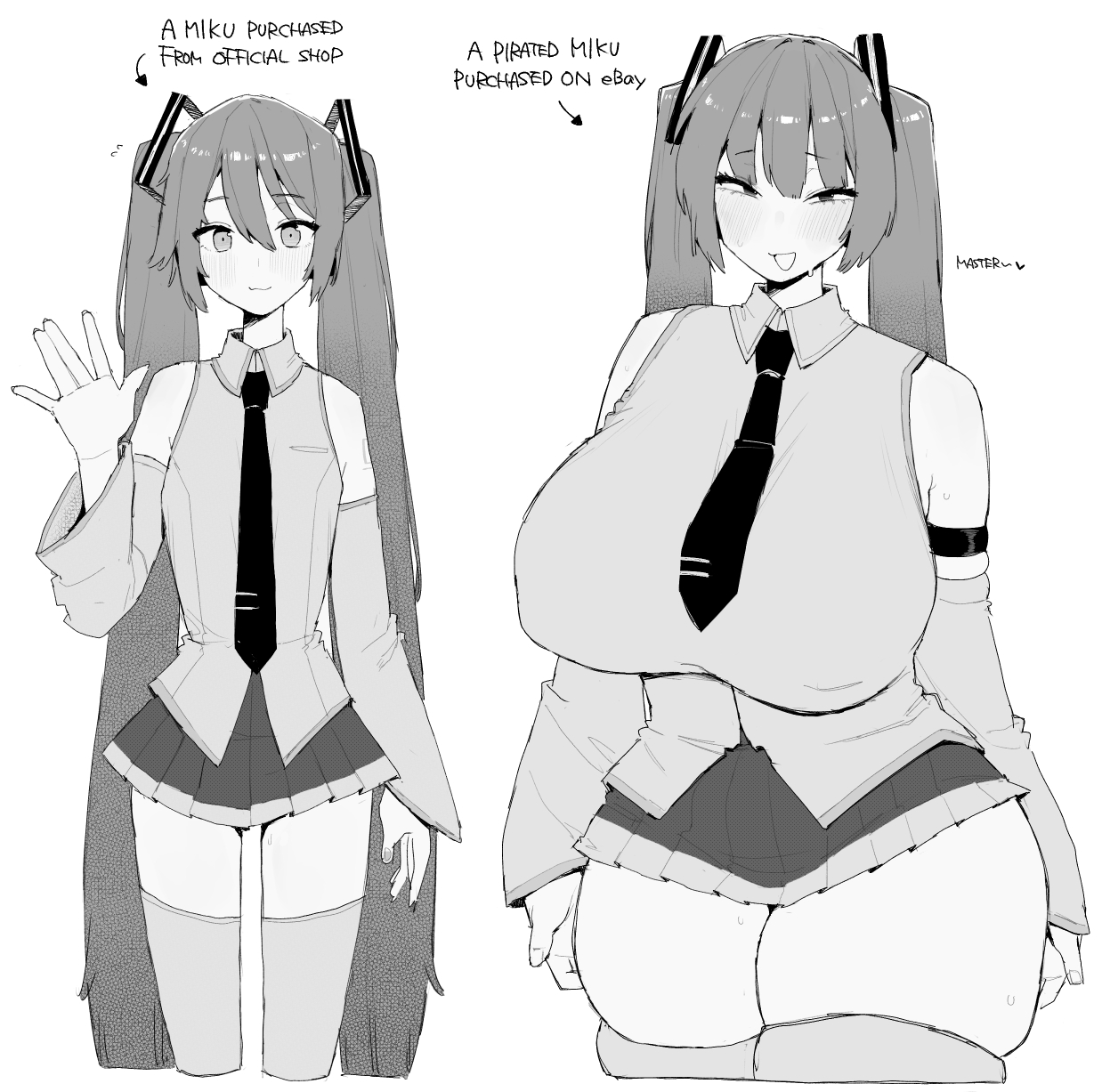 1girl, 2girls, alternate breast size, bare shoulders, big breasts, blush, breasts, canon vs fanon, clothed, clothes, detached sleeves, english text, female, female focus, female only, flat chest, flat chested, front view, greyscale, hatsune miku, huge breasts, large boobs, large breasts, light skin, light-skinned female, long hair, long-haired female, looking at viewer, miniskirt, monochrome, multiple females, multiple girls, multiple views, necktie, no color, ohasi, ohasiart, open mouth, pleated skirt, shirt, skindentation, skirt, smile, sweat, talking to viewer, thick thighs, thighhighs, thighs, twintails, very long hair, vocaloid, waving