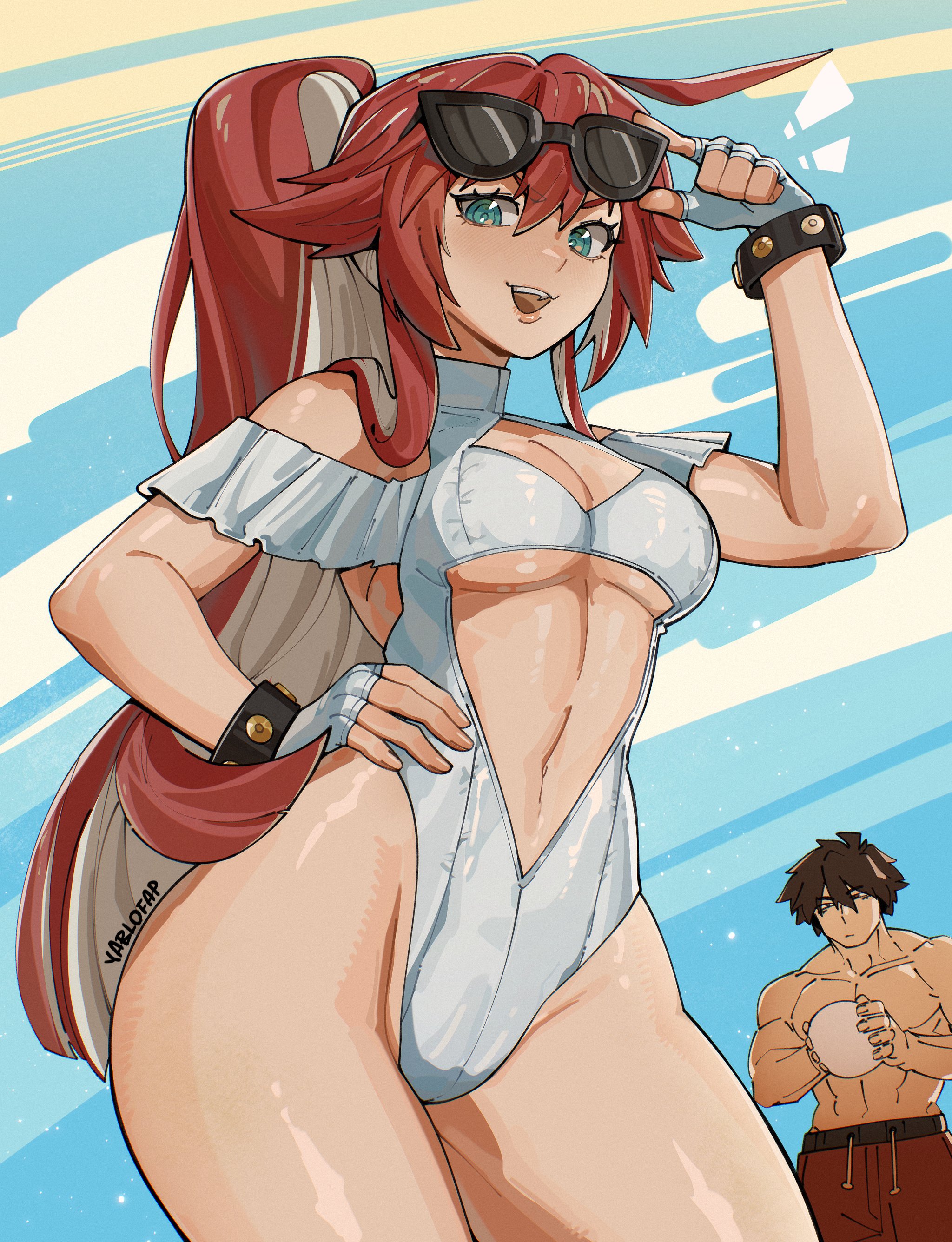 1girls, absurdres, alohapz, artist name, breasts, cleavage, clothing cutout, contrapposto, female, fingerless gloves, frilled one-piece swimsuit, frills, gloves, green eyes, guilty gear, guilty gear strive, hand on own hip, highleg, highleg one-piece swimsuit, highres, jack-o' valentine, long hair, male, navel, one-piece swimsuit, open mouth, ponytail, red hair, red swim trunks, sol badguy, sunglasses, swimsuit, thighs, very long hair, western, white hair, white one-piece swimsuit, yablofap