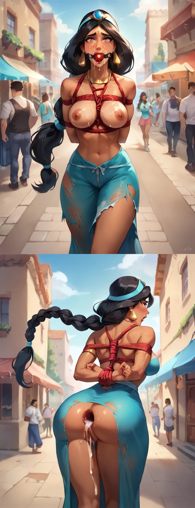 ai generated, aladdin, aladdin (1992 disney film), anal gape, arabic, arabic female, ball gag, bdsm gear, bondage, breasts, brown skin, cum, cum drip, cum in ass, disney, disney princess, female, gaping, gaping anus, humiliated, humiliation, large breasts, naked, naked female, princess, princess jasmine, public, public humiliation, public nudity, red rope, ripped, ripped clothing, rope, rope between breasts, rope bondage, rope walking, shibari, torn clothes, torn clothing