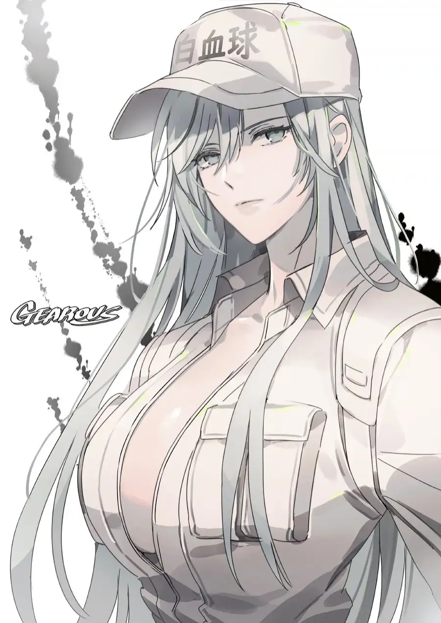 2d, breasts, cleavage, collared shirt, female, gearous, gorgeous, grey eyes, hat, hataraku saibou, hataraku saibou black, large breasts, mommy, u-1196, white blood cell (hataraku saibou), white hair, white skin