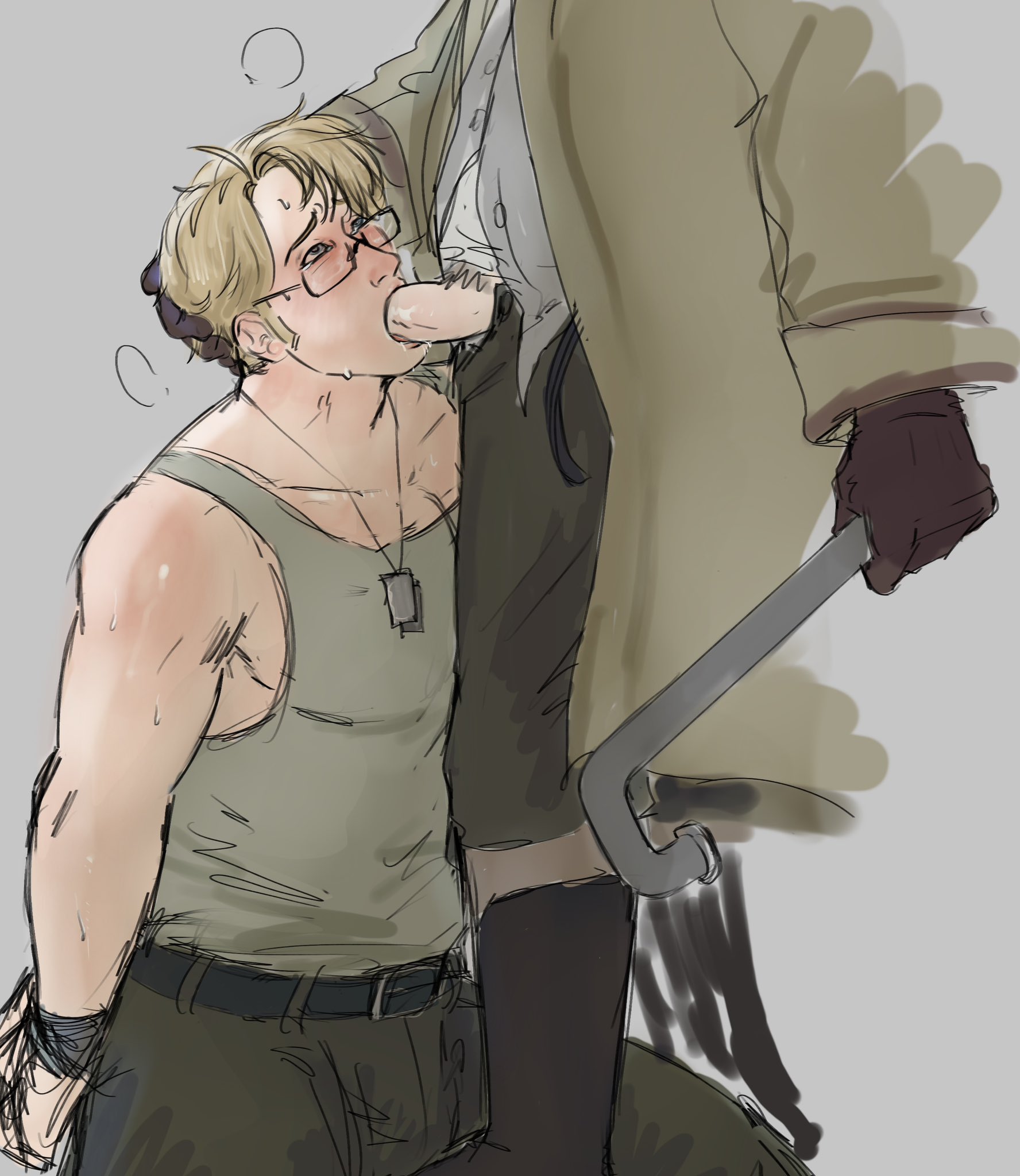 america (hetalia), axis powers hetalia, berserklvr420, blowjob, blowjob face, blush, bondage, bulge, bulge through clothing, chubby male, clothed, dogtags, gay, glasses, hetalia, looking at another, male, male only, muscular, muscular male, pubic hair, russia (hetalia), tied hands, weapon