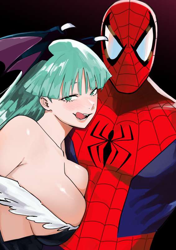 1boy, 1girls, big breasts, breasts, crossover, darkstalkers, eastern and western character, female, green eyes, head wings, hugging, light skin, light-skinned female, light-skinned male, male, marvel, marvel comics, marvel vs. capcom, morrigan aensland, mugi (mugit49), mugit49, peter parker, spider-man, spider-man (series), succubus, tongue, tongue out