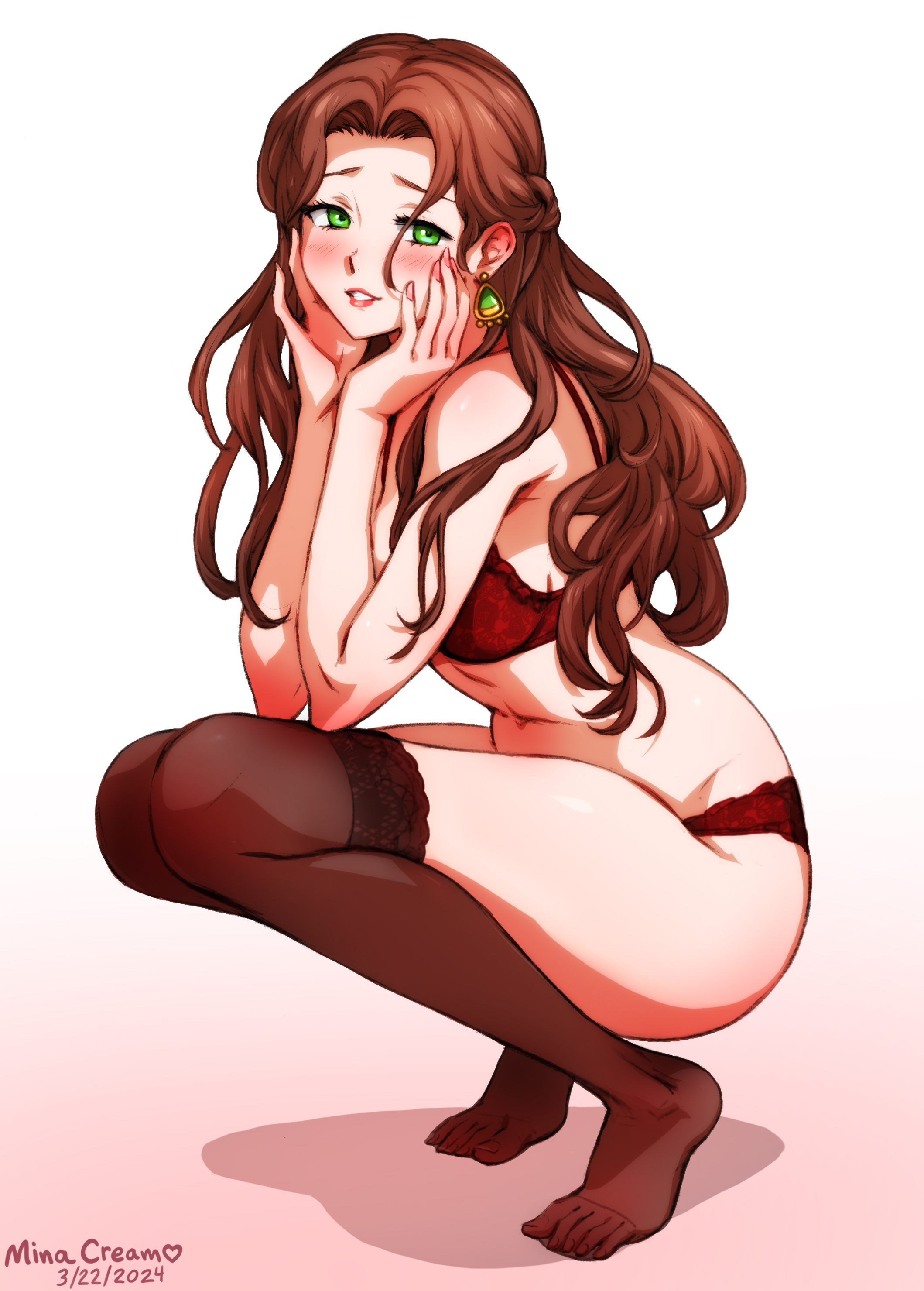 1girls, bra, breasts, brown hair, dorothea arnault, female, female only, fire emblem, fire emblem: three houses, full body, green eyes, long hair, looking at viewer, medium breasts, minacream, navel, nintendo, panties, red bra, red panties, red thighhighs, smile, solo, solo female, solo only, squatting, stockings, thighhighs, underwear