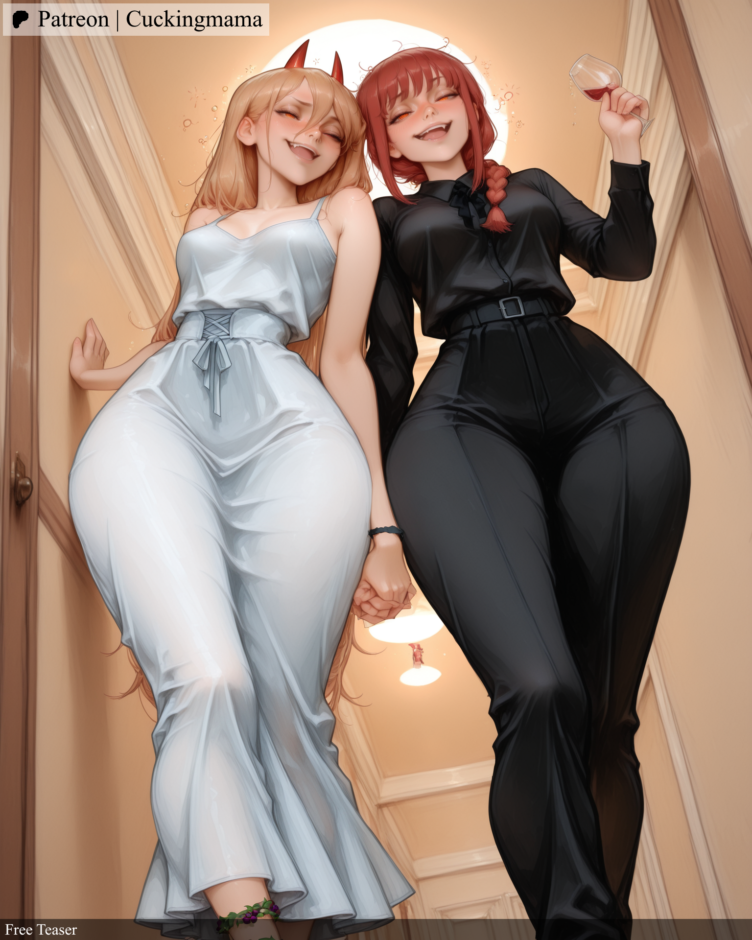 2girls, ai generated, alcohol, anklet, bangs, bare shoulders, belt, black pants, blonde hair, blush, bottle, bracelet, breasts, chainsaw man, closed eyes, cuckingmama, cup, demon horns, dress, drinking glass, drunk, eyebrows visible through hair, female, hair between eyes, hair ornament, horns, jewelry, long hair, makima (chainsaw man), medium breasts, multiple females, multiple girls, open mouth, orange hair, pants, power (chainsaw man), red hair, red horns, shirt, sleeping, smile, tagme, watch, white dress, wine glass, wristwatch