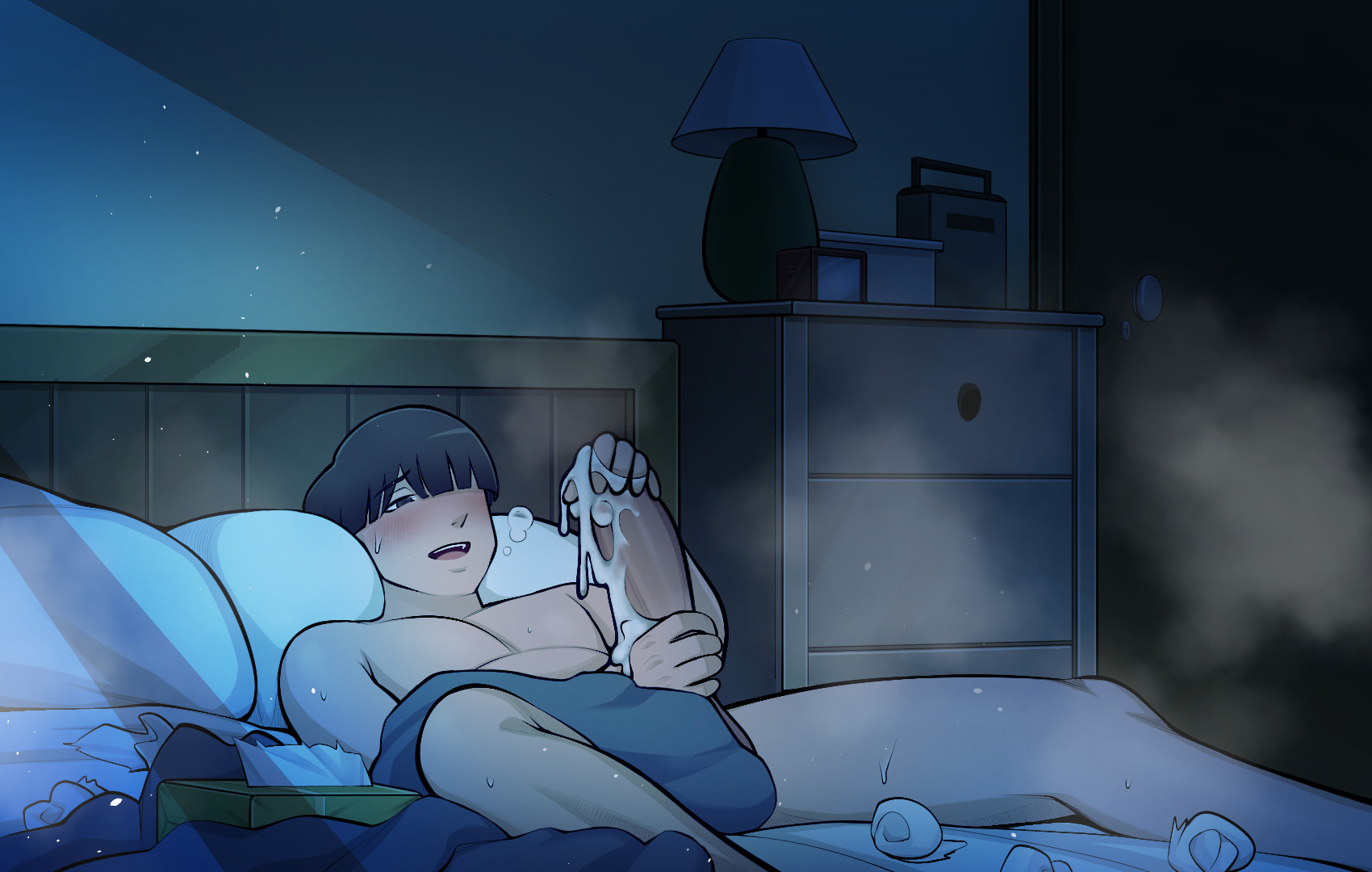 1boy, balls, bed, bedroom, big penis, blush, boruto: naruto next generations, breasts, brown hair, clothed, clothed male, clothing, cum, cum on hand, cum on penis, erection, hokage's adopted son, huge cock, kimkun0162, large penis, looking at viewer, lying, lying on bed, male, male masturbation, male only, masturbation, medium hair, naruto (series), nipples, on bed, partially clothed, penis, sex, sole male, solo, solo focus, solo male, sweat, testicles