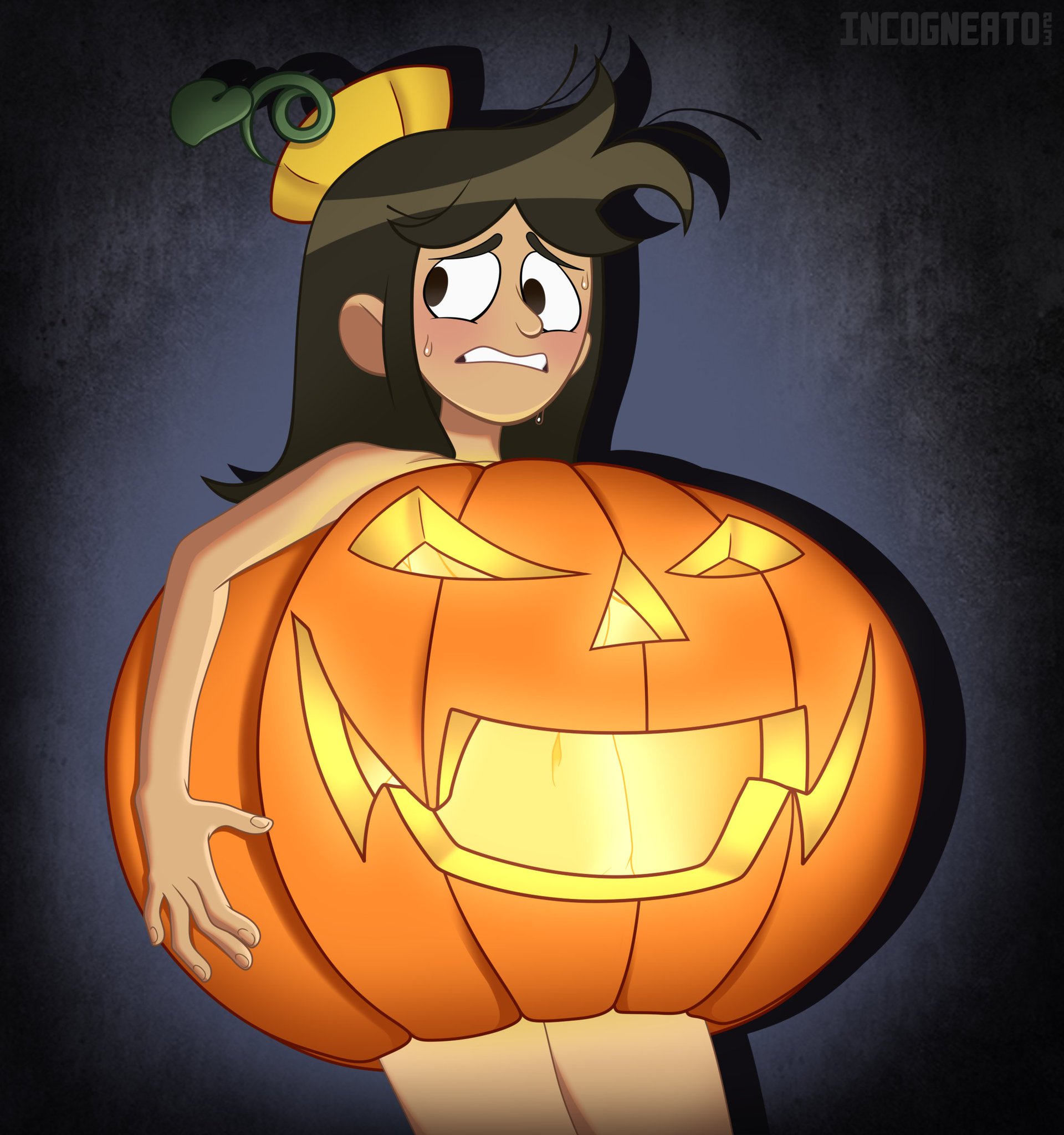 1girls, completely nude, embarrassed, embarrassed nude female, female, incogneato, libby stein-torres, nude, pumpkin, solo, tagme, the ghost and molly mcgee