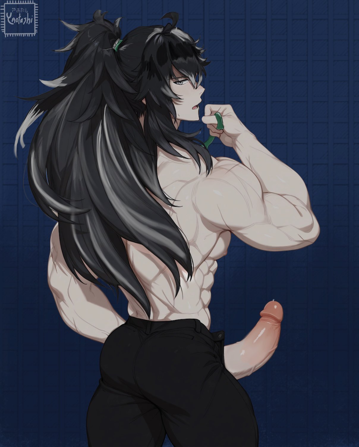 1boy abs artist_name ass back bangs bara biceps black_hair black_pants cowboy_shot erection from_behind gradient_hair large_penis long_hair looking_at_viewer looking_back male male_focus male_masturbation male_only muscular nipples open_mouth original pants penis ponytail qiuyuan_(wuthering_waves) scar scars sidelocks solo topless_male uncensored veins wuthering_waves yaotashi
