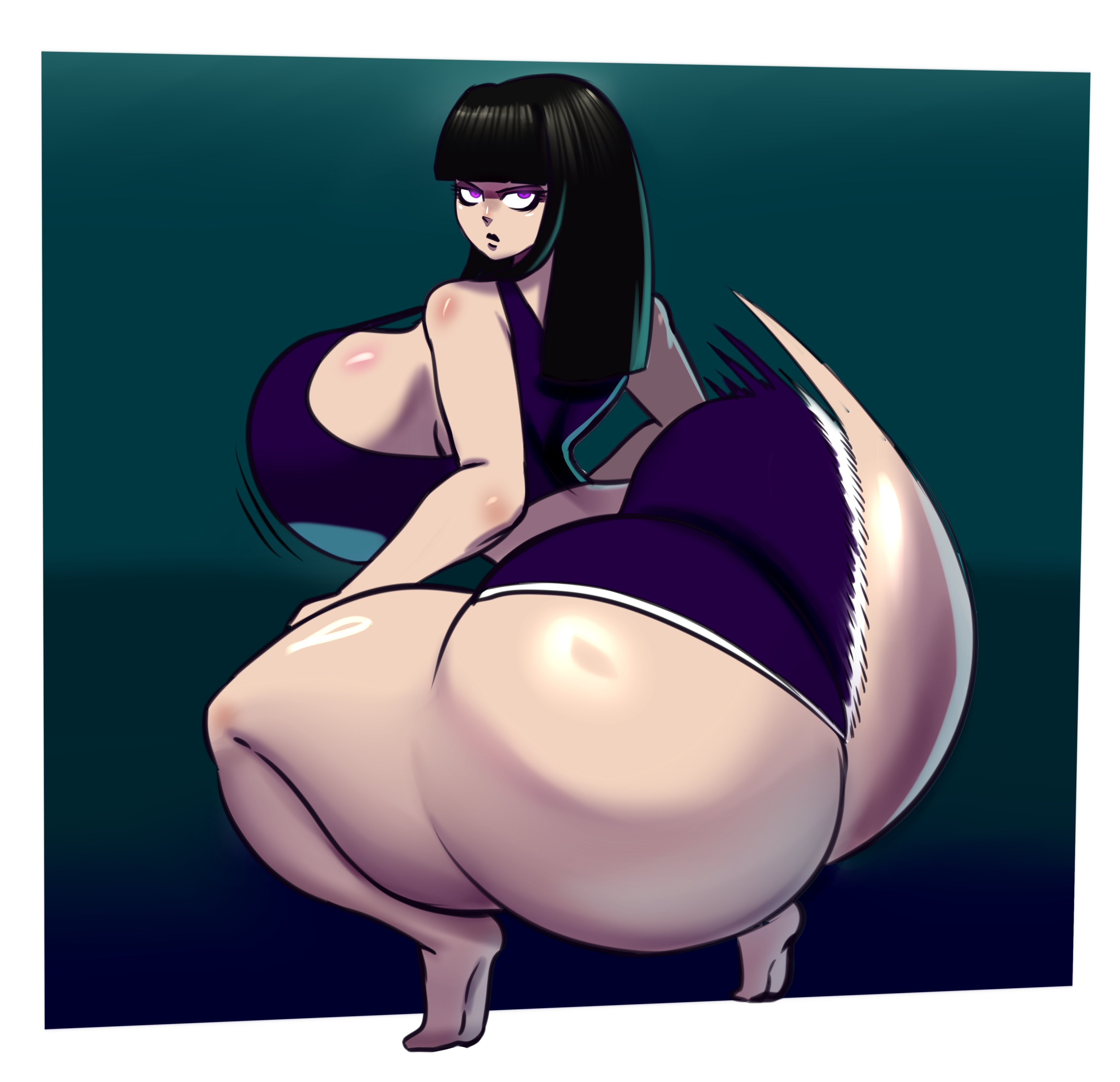 1girls, ass, big ass, big breasts, black hair, bottom heavy, bouncing ass, breasts, bubble ass, bubble butt, clothing, crop top, crouching, fat ass, female, female only, hallie (thekid), huge ass, large ass, massive ass, motion lines, original, purple eyes, schnauzercito, shorts, solo, squatting, thick ass, thick thighs, thunder thighs, twerking, wide hips