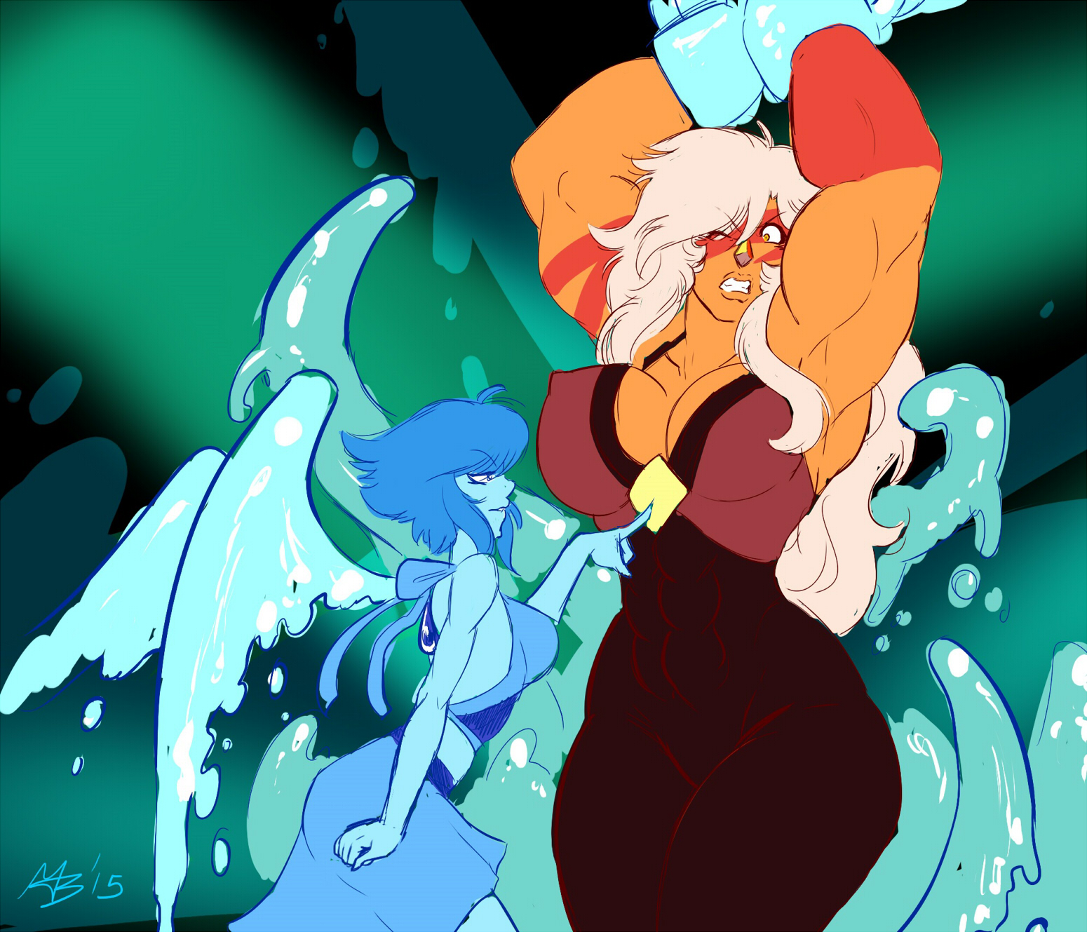 2girls, abs, angry, armpits, blue hair, blue skin, bondage, breasts, cartoon network, chille tid (steven universe), clothed, clothing, erect nipples, erect nipples under clothes, female, female only, high resolution, huge breasts, jasper (steven universe), lapis lazuli (steven universe), long hair, medium breasts, multiple females, multiple girls, muscles, muscular, muscular female, nipple bulge, nipples, one eye closed, pokies, restrained, short hair, sketch, steven universe, text, thick thighs, very long hair, water, watermark, white hair, wide hips, yuri