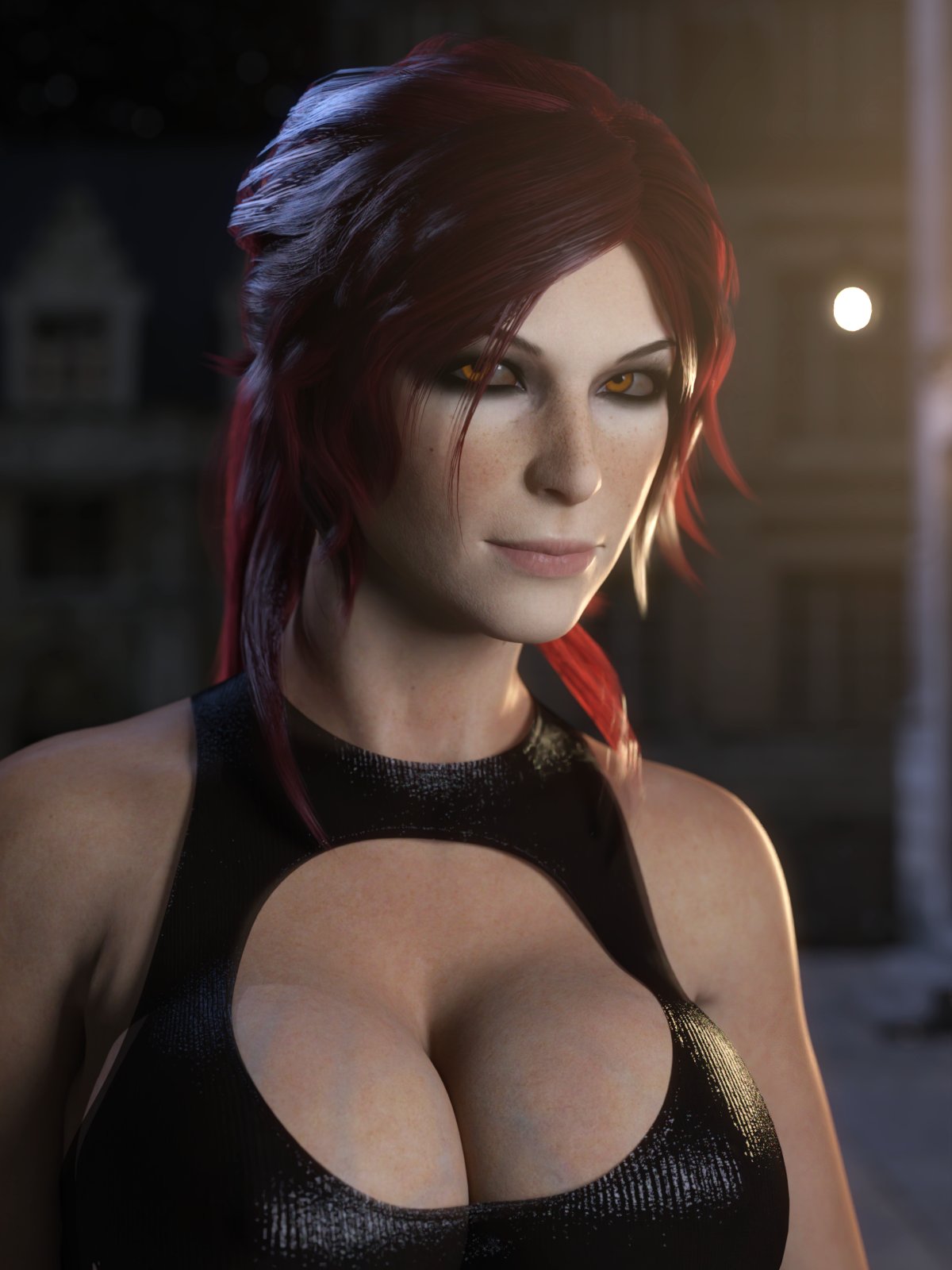 3d, auburn hair, big breasts, bolt on tits, breast implants, breasts, busty, cleavage, cleavage cutout, doppelganger (tomb raider), enhanced breasts, fake breasts, female, freckles, lara croft, lara croft (survivor), large breasts, light skin, light-skinned female, pale skin, pale-skinned female, silicone, silicone implants, tomb raider, tomb raider (survivor), vein, veins, veiny breasts, word2