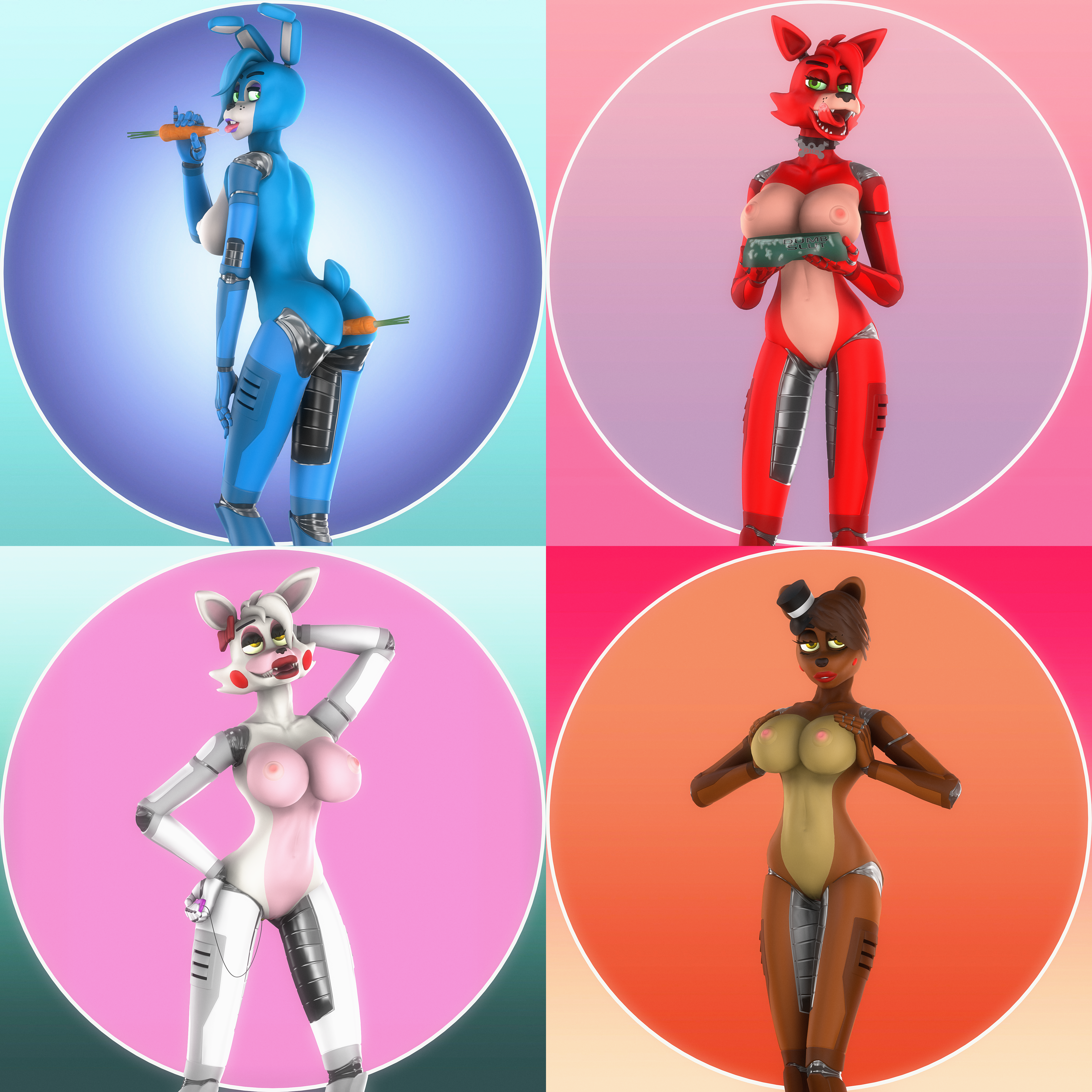 1:1, 2019, 3d, absurd res, animatronic, anthro, bear, big breasts, bowl, breasts, canid, canine, carrot, collar, cum, cum in bowl, female, female only, five nights at freddy's, five nights at freddy's 2, food, fox, foxy (fnaf), foxy (psychojohn2), frederika (fnaf), fur, gold97fox, hair, hi res, lagomorph, leporid, looking at viewer, machine, mammal, mangle (fnaf), mangle (psychojohn2), nipples, nude, open mouth, petplay, plant, pushing breasts together, rabbit, robot, roleplay, rule 63, simple background, source filmmaker, tongue, tongue out, toy bonnie (fnaf), toy bonnie (psychojohn2), toy freddy (fnaf), toy freddy (psychojohn2), ursid, vegetable, video games