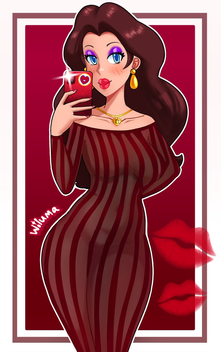 1girls, artist name, bare shoulders, blue eyes, brown hair, curvy, dress, earrings, form fitting, kiss mark, light skin, light-skinned female, lipstick, lipstick mark, lipstick stain, mario (series), necklace, nintendo, pauline, purple eyeshadow, red kiss mark, red lips, red lipstick, red lipstick mark, selfie, tight clothing, wiluma