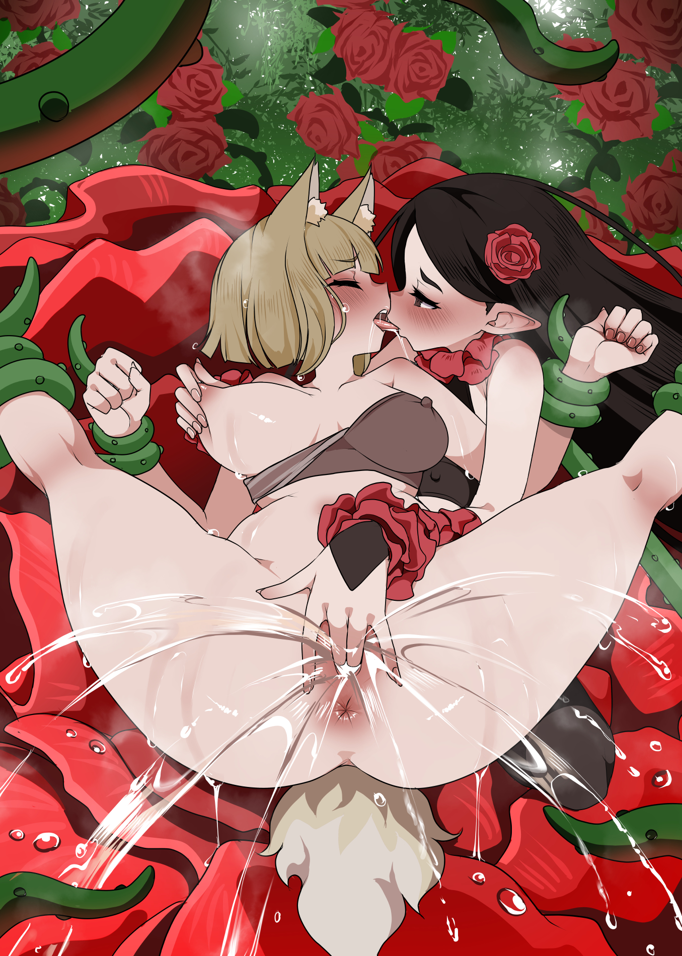 2girls, animal ears, black hair, blonde hair, bondage, female, fingering, kissing, light skin, monobe, monobe yuri, pussy, pussy juice, saliva, squirt, squirting, tongue kiss, vine bondage, vines, yuri