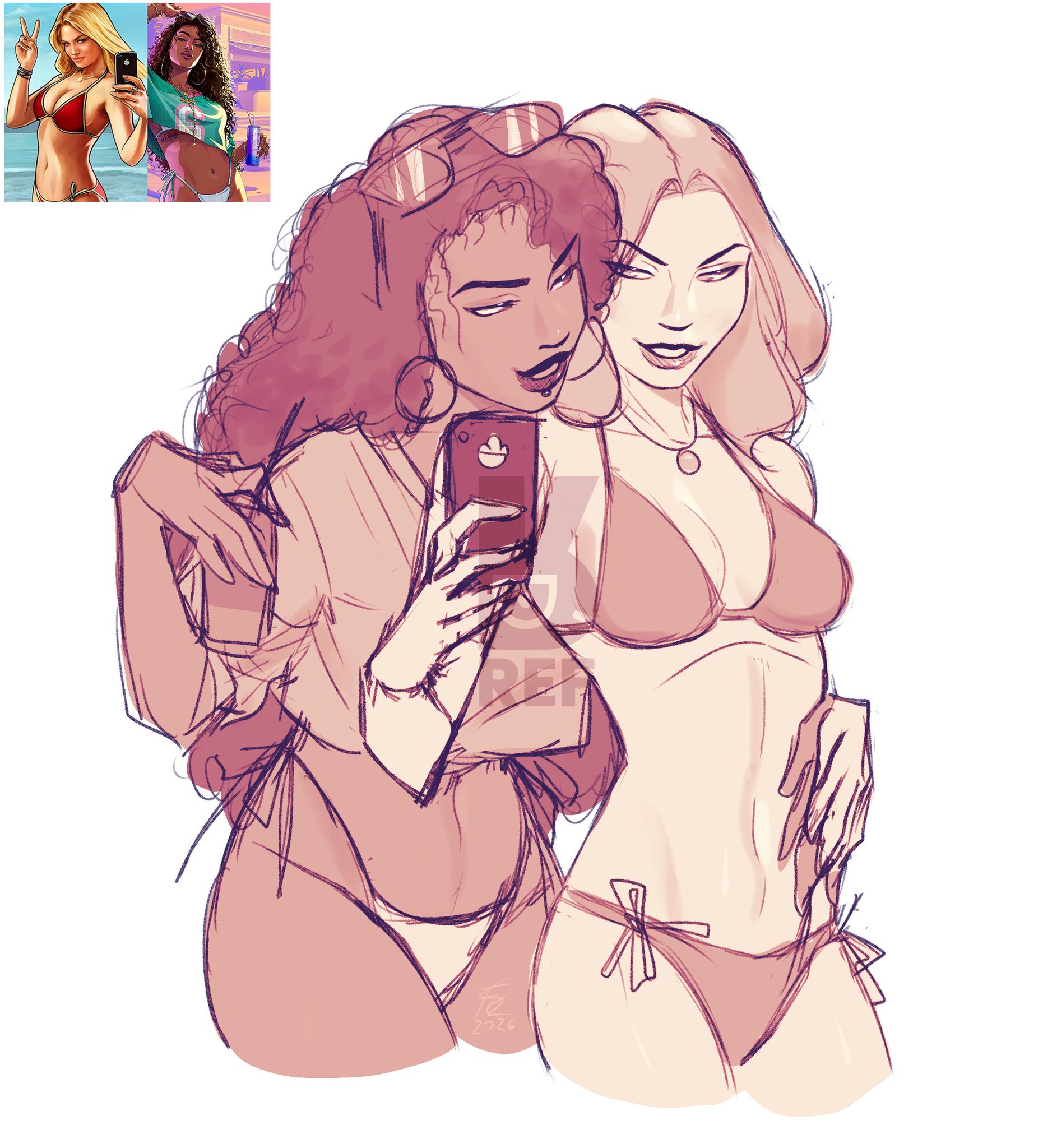 bikini, blonde female, blonde hair, curly hair, dark-skinned female, drink, female, female only, grand theft auto v, grand theft auto vi, gta vi cover girl, long hair, red bikini, thick hips, thin female