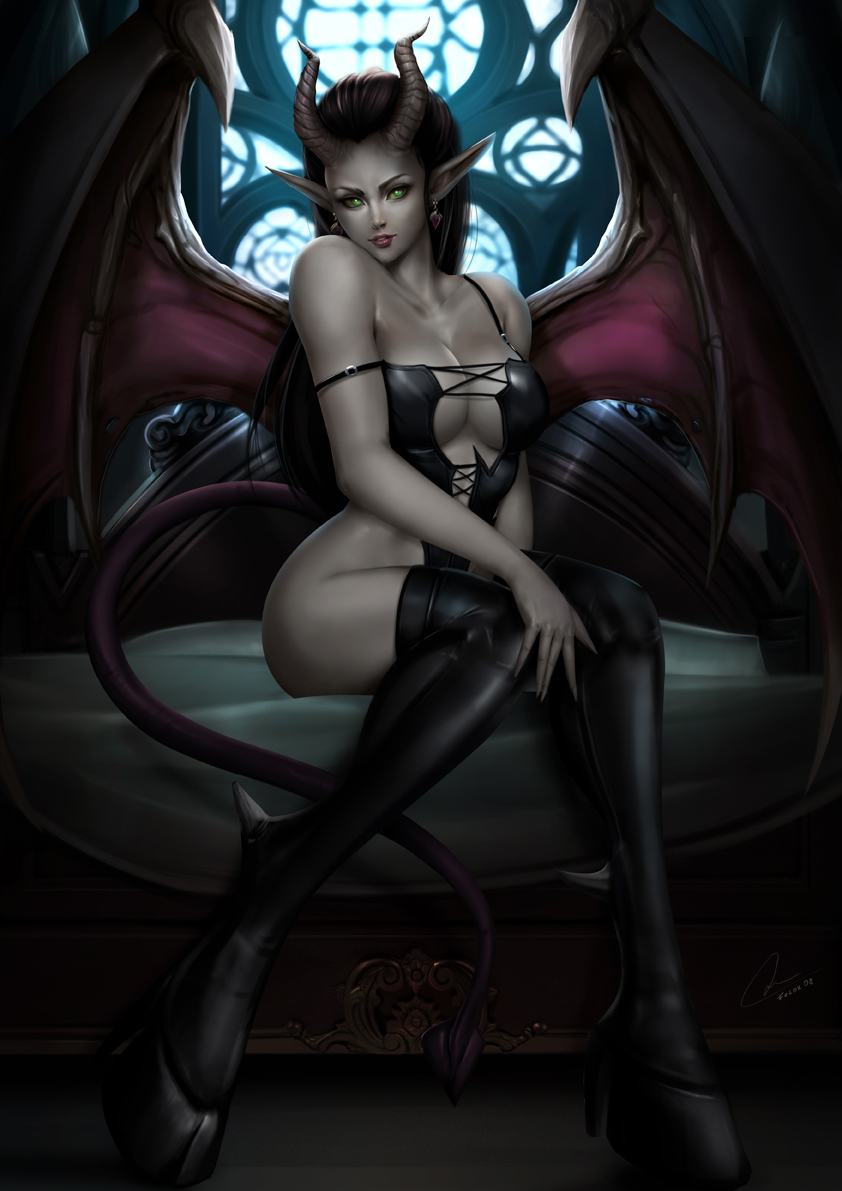 1girls, 2019, blizzard entertainment, breasts, cleavage, demon, felox08, female, female only, horns, looking at viewer, solo, succubus, thighhighs, warcraft, wings, world of warcraft