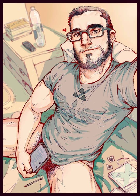 1boy bara beard bed bedroom black_hair blue_eyes facial_hair glasses heart human human_only male male_only muscle phone pockyrumz rumlockerart shirt solo thick_eyebrows