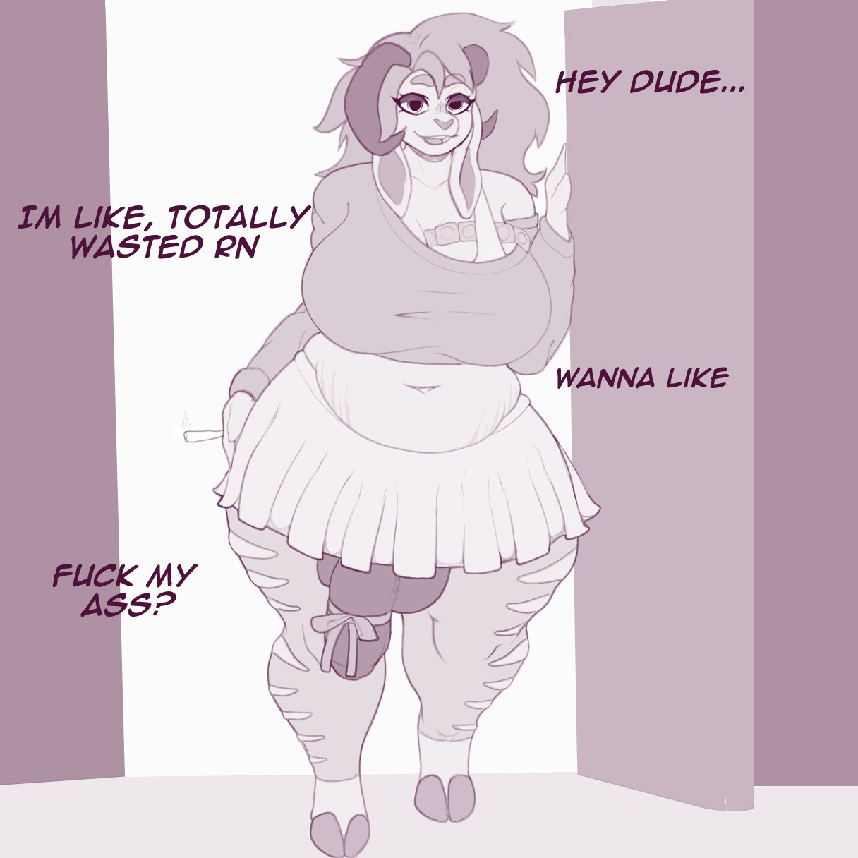 anthro, balls, belly button, big balls, big breasts, big penis, bow on penis, breasts, catsharkqueen, chubby, condom wrapper, crop top, dickgirl, doorway, flaccid, foreskin, furry, futanari, hooves, horns, hung bottom, intersex, monochrome, penis, penis accessory, ribbon on penis, shirt, skirt, uncircumcised