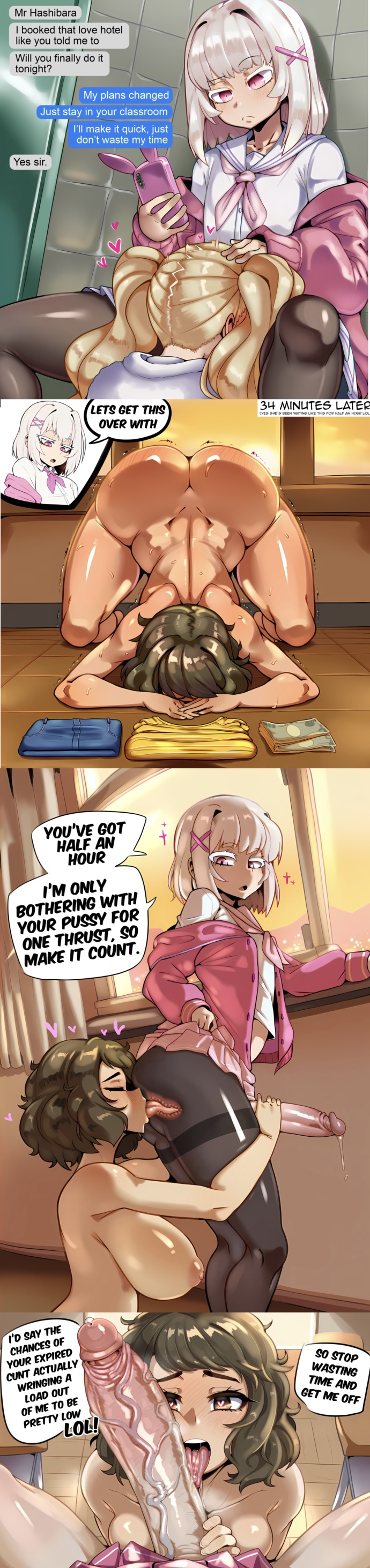 ai generated, big ass, big breasts, big penis, blush, comic, cum, cum drip, donbeboys, femboy, femboy on female, giant breasts, huge ass, huge breasts, huge cock, kawakami sadayo, long comic, nervous, oc, sadayo kawakami, stella (donbeboys), teasing, tounge out