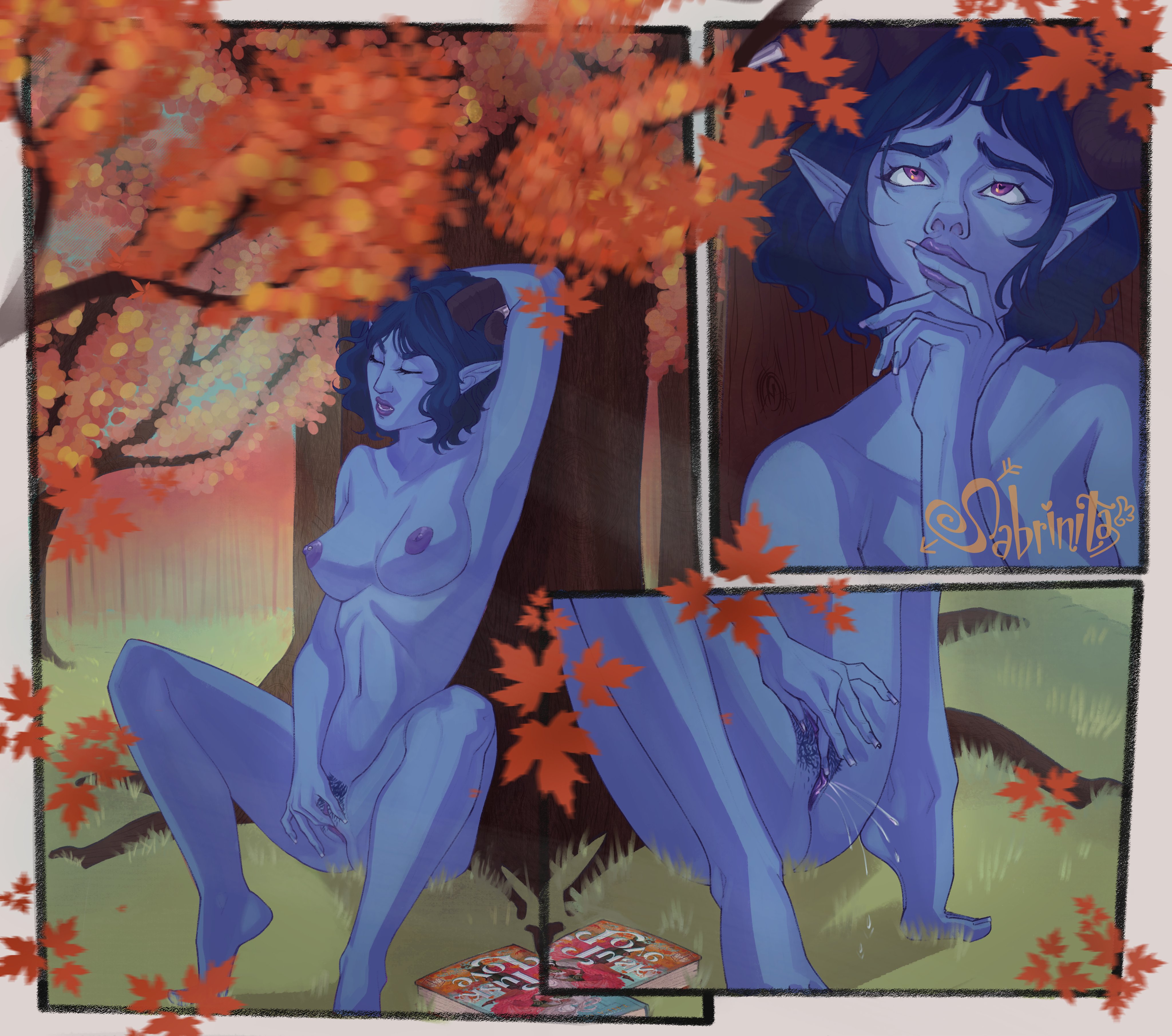 1girls, biting finger, blue hair, blue skin, critical role, critical role: the mighty nein, dungeons and dragons, female, female only, fingering, horns, jester lavorre, masturbation, naked, nude, outdoor masturbation, outdoor nudity, outdoors, pointy ears, sabrinitarr, solo, squirting, tiefling