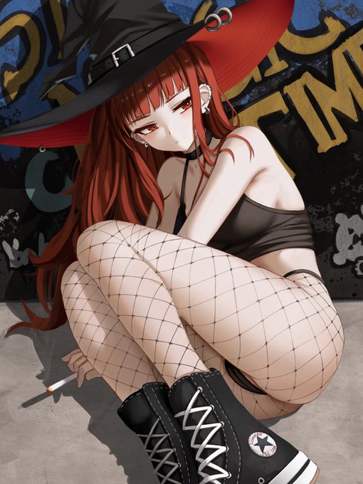 choker, ear piercing, female, fishnets, graffiti, high top sneakers, original, original character, pale skin, red hair, skinny, smoking, street, teenage female, witch, witch hat, yan kodiac